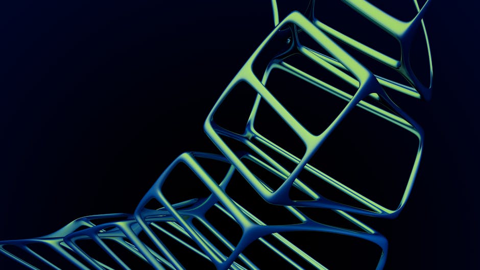 A digital artwork featuring luminous 3D geometric shapes in a dark abstract style.