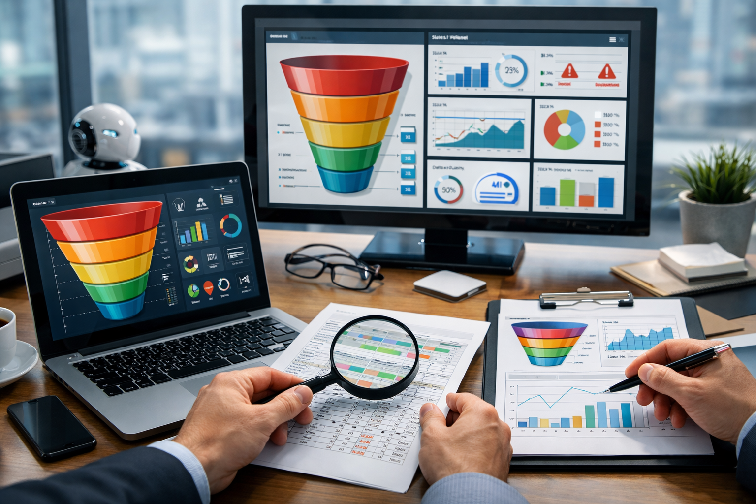 Editorial section illustration for "Аудит текущей воронки и качество данных" in context of "Как построить AI-воронку продаж от 0 до автопилота". Subject-focused composition, realistic business environment, crisp details, natural contrast, no text, no watermark, no logo, no empty background, 16:9.