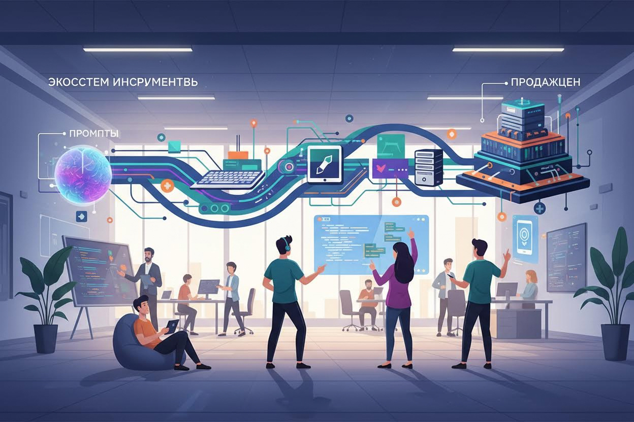 Editorial section illustration for "Экосистема инструментов: от промптов до продакшена" in context of "Вайб-кодинг: как создавать приложения с помощью AI без навыков программирования". Subject-focused composition, realistic business environment, crisp details, natural contrast, no text, no watermark, no logo, no empty background, 16:9.