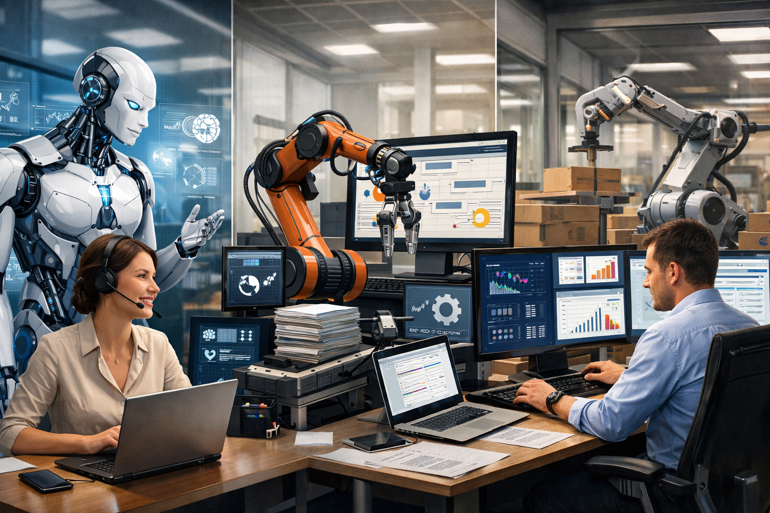 Editorial section illustration for "Фундамент: что скрывается за терминами" in context of "AI-агенты vs RPA vs автоматизация: в чём разница и что выбрать". Subject-focused composition, realistic business environment, crisp details, natural contrast, no text, no watermark, no logo, no empty background, 16:9.