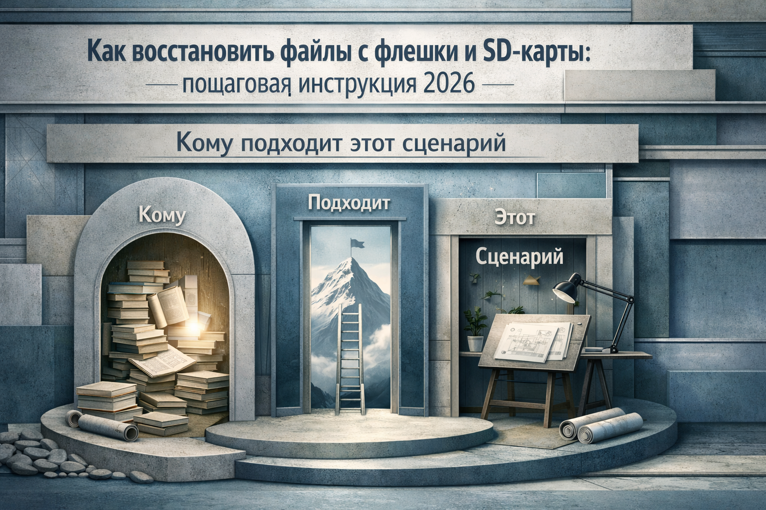 Architectural elevation scene with layered frames, structural rhythm, and editorial poster discipline. Article title: "Как восстановить файлы с флешки и SD-карты: пошаговая инструкция 2026". Section focus: "Кому подходит этот сценарий". Concrete concept to visualize: Кому, подходит, этот, сценарий. Invent a specific metaphor tied to this section only; do not fall back to generic AI brains, neon circuits, or random dashboards. Color direction: fog blue, desaturated teal, silver accents, pale stone. Camera: wide-angle but controlled perspective, crisp focal anchor, premium magazine framing. Use tactile materials, layered objects, visual hierarchy, and premium editorial polish like a cover story interior spread. No people, no faces, no hands, no readable UI text, no logos, no watermark, no empty dark voids. 16:9 landscape.