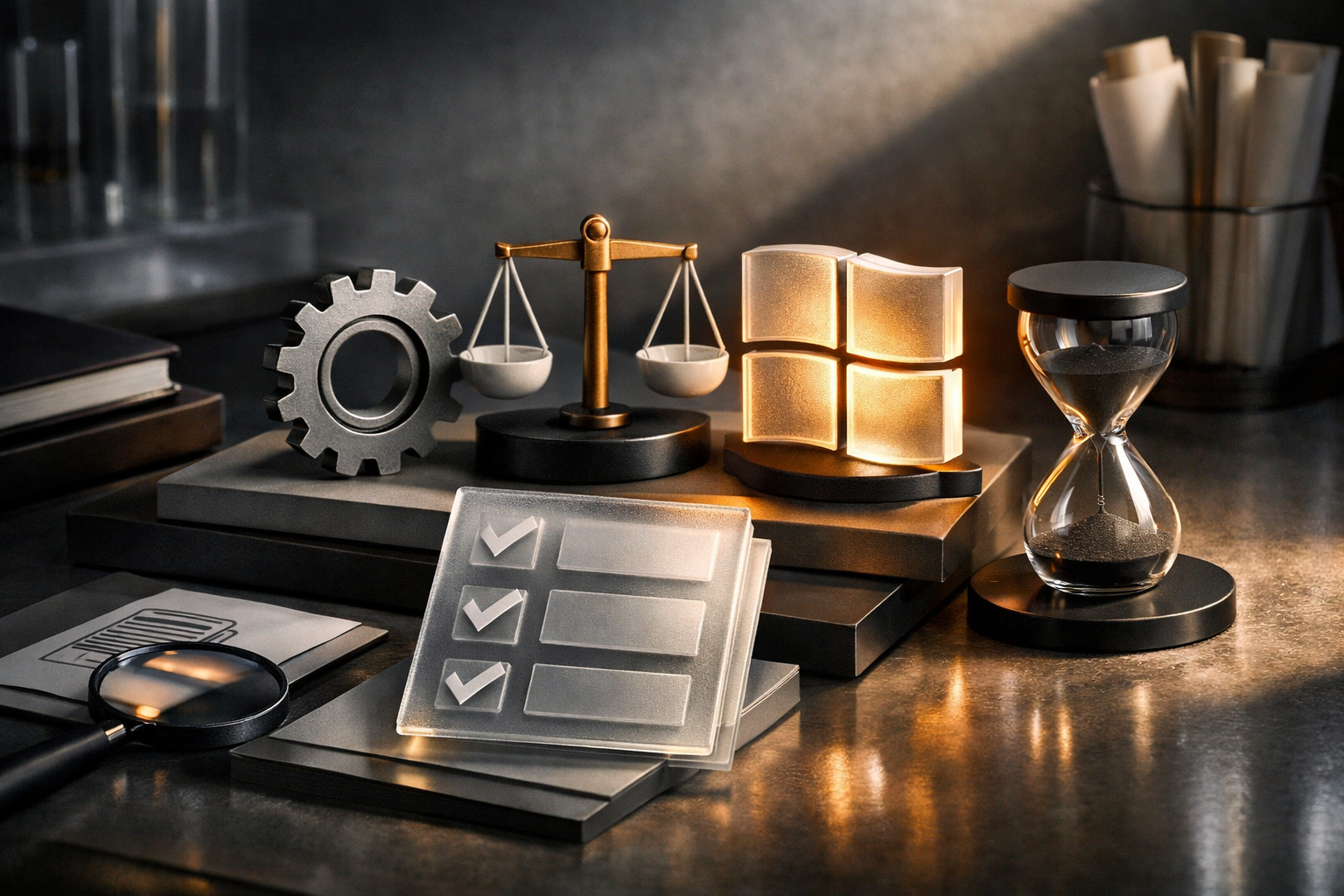 Art-directed laboratory tableau with polished metal, frosted glass, matte ceramics, and dramatic side light. Article title: "Топ-7 программ для чтения PDF на Windows в 2026: Выбор экспертов". Section focus: "Критерии выбора PDF-ридера для Windows". Concrete concept to visualize: Критерии, выбора, ридера, Windows. Invent a specific metaphor tied to this section only; do not fall back to generic AI brains, neon circuits, or random dashboards. Color direction: soft graphite, amber highlights, porcelain white, matte black. Camera: close-up 50mm product editorial shot, shallow depth but readable scene hierarchy. Use tactile materials, layered objects, visual hierarchy, and premium editorial polish like a cover story interior spread. No people, no faces, no hands, no readable UI text, no logos, no watermark, no empty dark voids. 16:9 landscape.