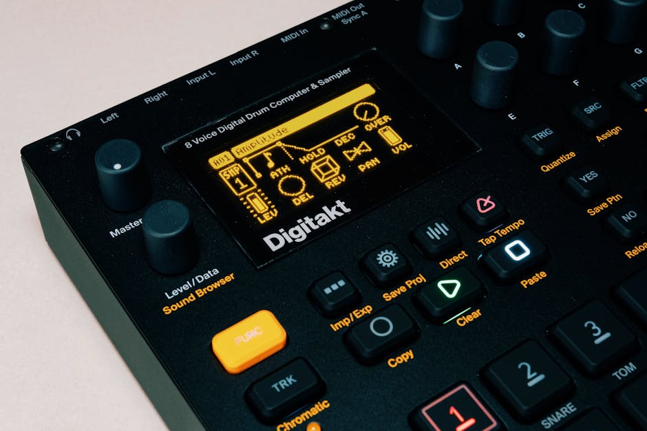 Detailed view of a Digitakt digital drum computer and sampler interface for music production.