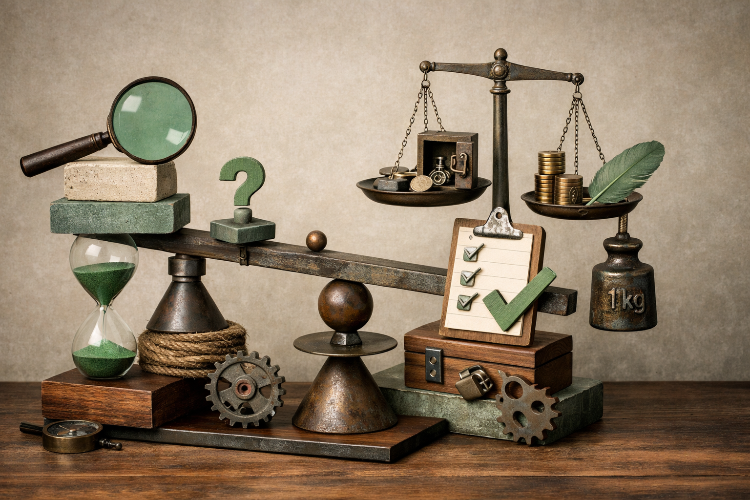 Kinetic sculpture made from topic-specific objects, balanced asymmetry, and intentional visual tension. Article title: "Лучшие торрент-клиенты для Windows 2026: ТОП-7 для быстрой и безопасной загрузки". Section focus: "Критерии выбора". Concrete concept to visualize: Критерии, выбора. Invent a specific metaphor tied to this section only; do not fall back to generic AI brains, neon circuits, or random dashboards. Color direction: sand beige, eucalyptus green, oxidized metal, dark walnut. Camera: wide-angle but controlled perspective, crisp focal anchor, premium magazine framing. Use tactile materials, layered objects, visual hierarchy, and premium editorial polish like a cover story interior spread. No people, no faces, no hands, no readable UI text, no logos, no watermark, no empty dark voids. 16:9 landscape.