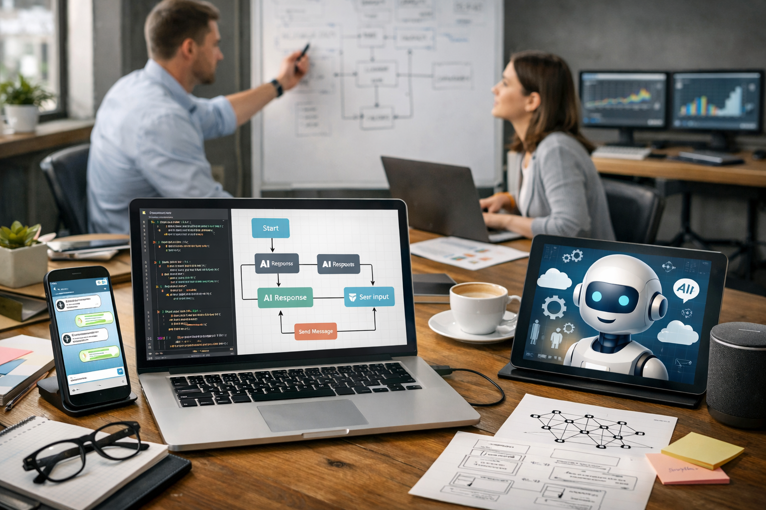 Editorial section illustration for "Архитектура решения: от идеи до схемы" in context of "Как создать Telegram-бота с AI для бизнеса за 2 часа". Subject-focused composition, realistic business environment, crisp details, natural contrast, no text, no watermark, no logo, no empty background, 16:9.