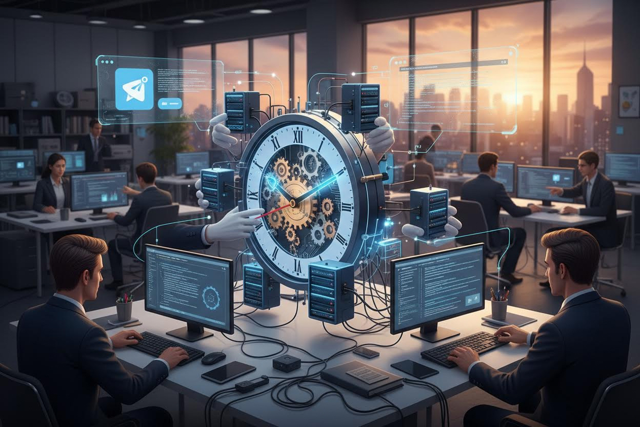 Editorial section illustration for "Подготовка инфраструктуры за 15 минут" in context of "Как создать Telegram-бота с AI для бизнеса за 2 часа". Subject-focused composition, realistic business environment, crisp details, natural contrast, no text, no watermark, no logo, no empty background, 16:9.