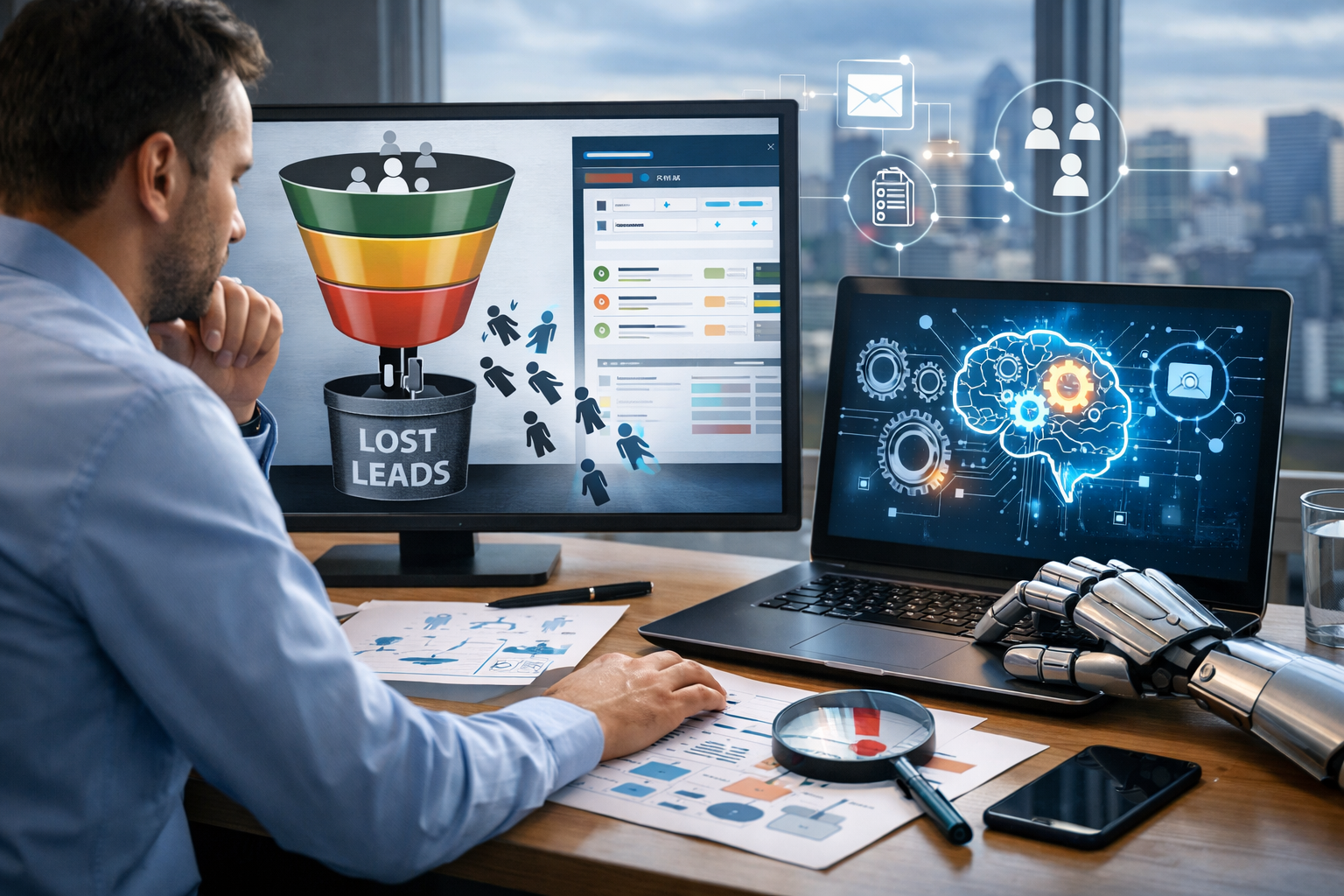 Editorial section illustration for "Аудит текущих процессов: где теряются лиды?" in context of "AI-автоматизация CRM: как заставить HubSpot/Bitrix работать на автопилоте". Subject-focused composition, realistic business environment, crisp details, natural contrast, no text, no watermark, no logo, no empty background, 16:9.