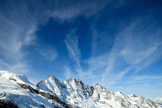 alps, blue sky, saas-fee, alphubel, mountain, täschhorn, dom, lenzspitze, nature, switzerland, sunny, snow, winter, landscape, sky, blue, clouds