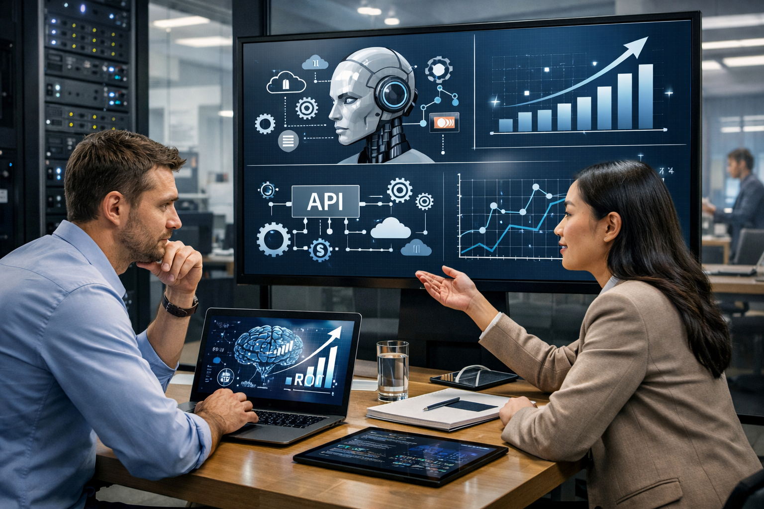 Editorial section illustration for "1. Диагностика: где AI даст максимальный ROI?" in context of "API для бизнеса: как подключать нейросети к своим процессам". Subject-focused composition, realistic business environment, crisp details, natural contrast, no text, no watermark, no logo, no empty background, 16:9.