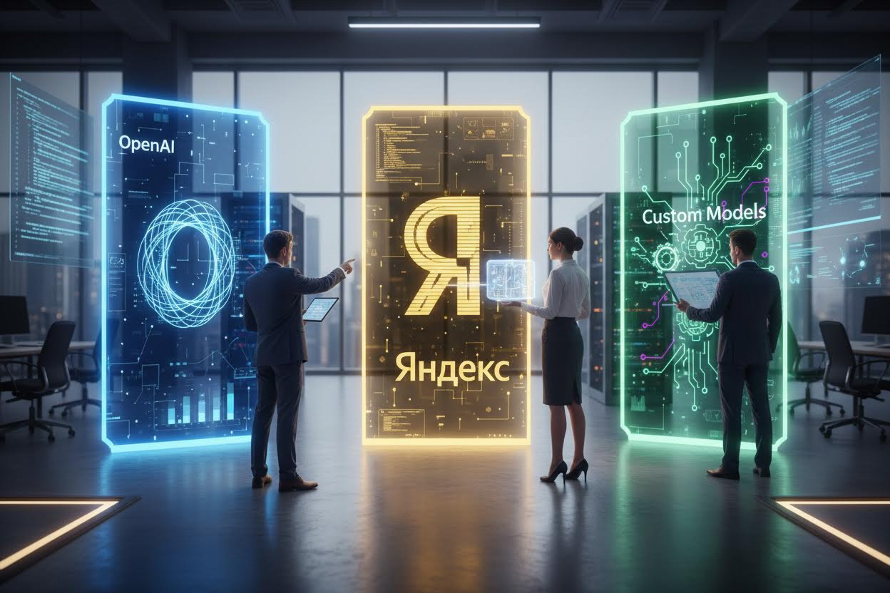 Editorial section illustration for "2. Выбор API: OpenAI, Yandex или кастомные модели?" in context of "API для бизнеса: как подключать нейросети к своим процессам". Subject-focused composition, realistic business environment, crisp details, natural contrast, no text, no watermark, no logo, no empty background, 16:9.