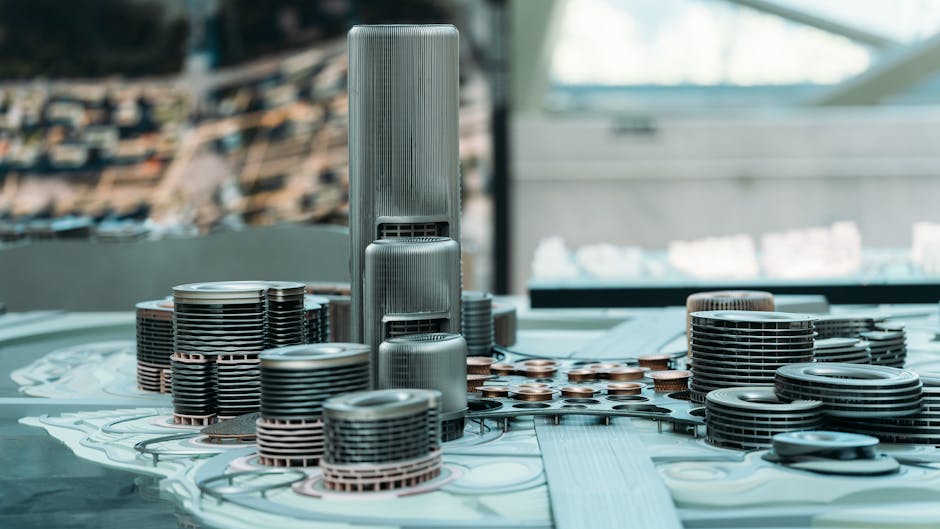 Explore a detailed futuristic city model with towering skyscrapers and modern urban design.