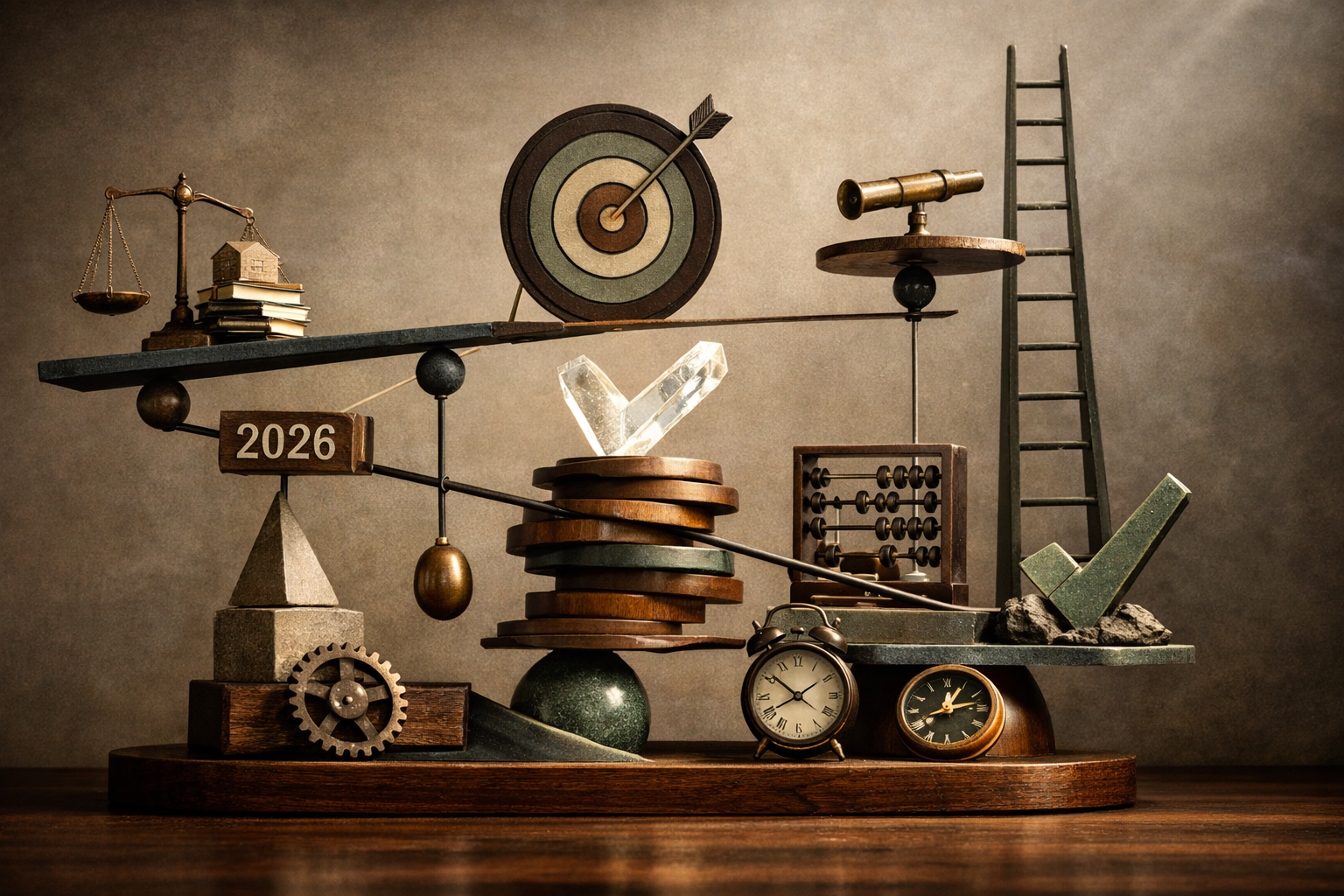 Kinetic sculpture made from topic-specific objects, balanced asymmetry, and intentional visual tension. Article title: "Лучшие программы для записи звука: ТОП-7 инструментов для Windows и macOS". Section focus: "Критерии выбора: Что реально важно в 2026". Concrete concept to visualize: Критерии, выбора, реально, важно, 2026. Invent a specific metaphor tied to this section only; do not fall back to generic AI brains, neon circuits, or random dashboards. Color direction: sand beige, eucalyptus green, oxidized metal, dark walnut. Camera: side-on studio composition with dramatic rim light and subtle volumetric atmosphere. Use tactile materials, layered objects, visual hierarchy, and premium editorial polish like a cover story interior spread. No people, no faces, no hands, no readable UI text, no logos, no watermark, no empty dark voids. 16:9 landscape.