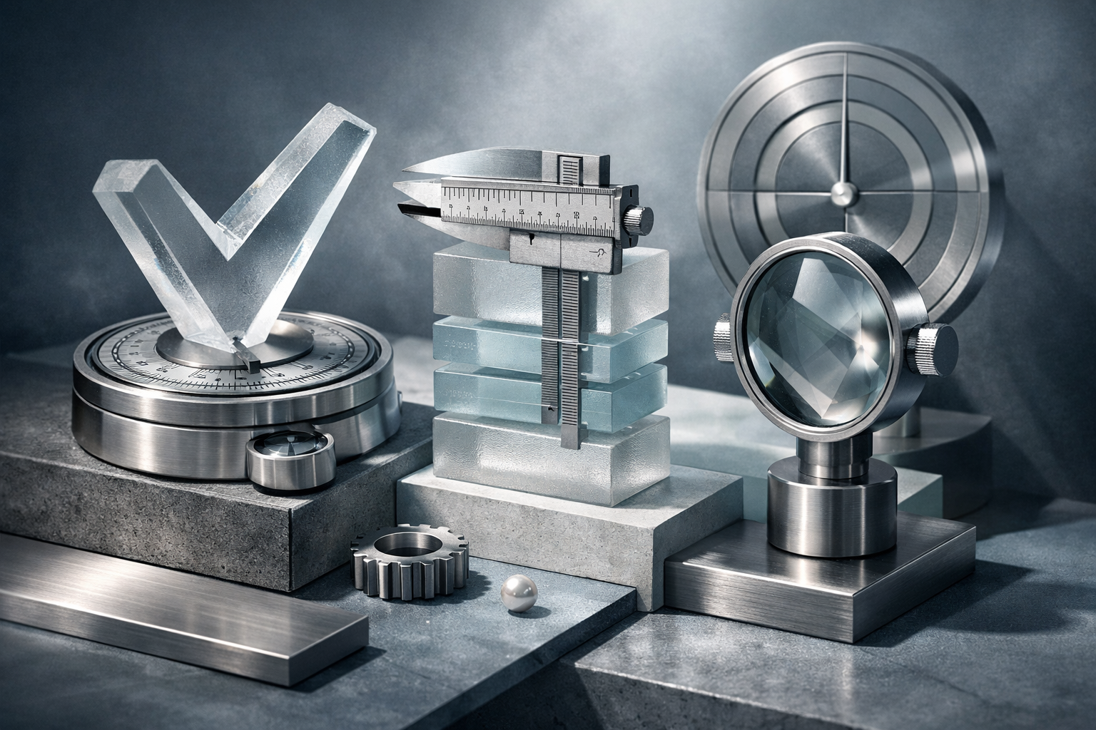 Macro editorial still life with premium materials, precise reflections, sculpted shadows, and hidden micro-details. Article title: "Топ-7 программ для заметок, базы знаний и продуктивности в 2026". Section focus: "Критерии выбора инструмента". Concrete concept to visualize: Критерии, выбора, инструмента. Invent a specific metaphor tied to this section only; do not fall back to generic AI brains, neon circuits, or random dashboards. Color direction: cool slate, pearl white, muted cyan, brushed steel. Camera: side-on studio composition with dramatic rim light and subtle volumetric atmosphere. Use tactile materials, layered objects, visual hierarchy, and premium editorial polish like a cover story interior spread. No people, no faces, no hands, no readable UI text, no logos, no watermark, no empty dark voids. 16:9 landscape.