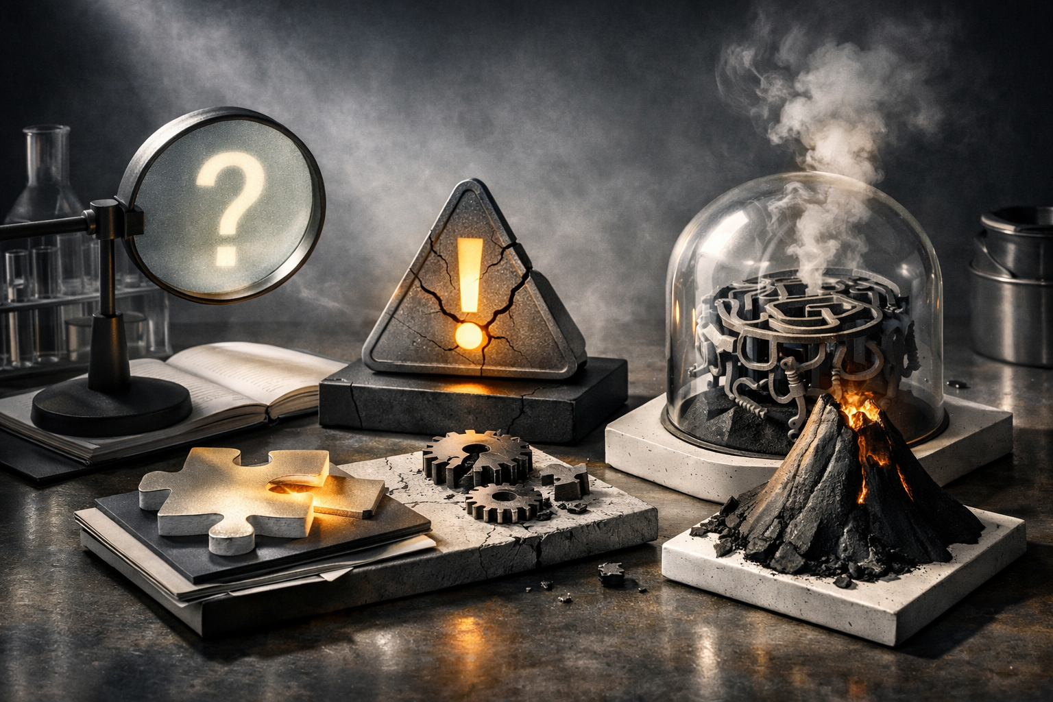 Art-directed laboratory tableau with polished metal, frosted glass, matte ceramics, and dramatic side light. Article title: "Не удается запустить программу: универсальный гайд по DLL-ошибкам Windows 2026". Section focus: "Что означает ошибка и почему возникает". Concrete concept to visualize: означает, ошибка, почему, возникает. Invent a specific metaphor tied to this section only; do not fall back to generic AI brains, neon circuits, or random dashboards. Color direction: soft graphite, amber highlights, porcelain white, matte black. Camera: side-on studio composition with dramatic rim light and subtle volumetric atmosphere. Use tactile materials, layered objects, visual hierarchy, and premium editorial polish like a cover story interior spread. No people, no faces, no hands, no readable UI text, no logos, no watermark, no empty dark voids. 16:9 landscape.