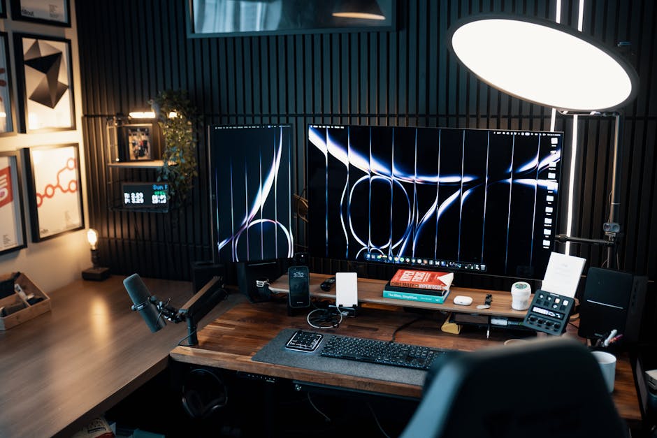 Stylish home office setup with dual monitors, keyboard, and modern lighting, ideal for productivity.