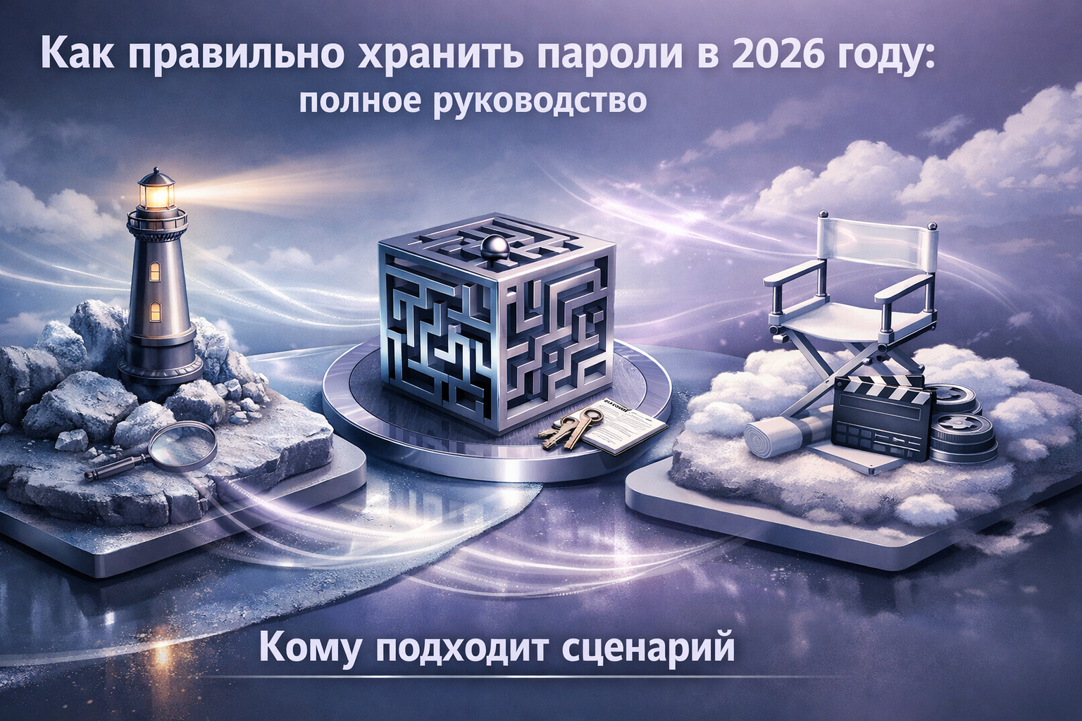 Transformation timeline scene with staged objects, motion residue, and cinematic before/after contrast. Article title: "Как правильно хранить пароли в 2026 году: Гайд по цифровой безопасности". Section focus: "Кому подходит сценарий". Concrete concept to visualize: Кому, подходит, сценарий. Invent a specific metaphor tied to this section only; do not fall back to generic AI brains, neon circuits, or random dashboards. Color direction: ice blue, violet gray, polished chrome, cloud white. Camera: wide-angle but controlled perspective, crisp focal anchor, premium magazine framing. Use tactile materials, layered objects, visual hierarchy, and premium editorial polish like a cover story interior spread. No people, no faces, no hands, no readable UI text, no logos, no watermark, no empty dark voids. 16:9 landscape.