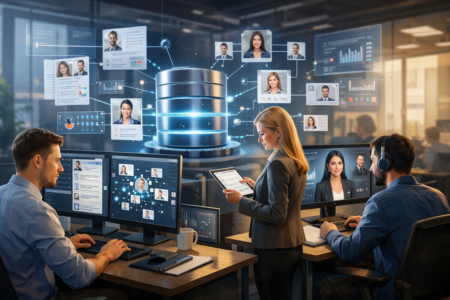 Editorial section illustration for "Эпоха парсинга: как построить единую базу талантов" in context of "Автоматизация найма: от парсинга резюме до AI-собеседования". Subject-focused composition, realistic business environment, crisp details, natural contrast, no text, no watermark, no logo, no empty background, 16:9.