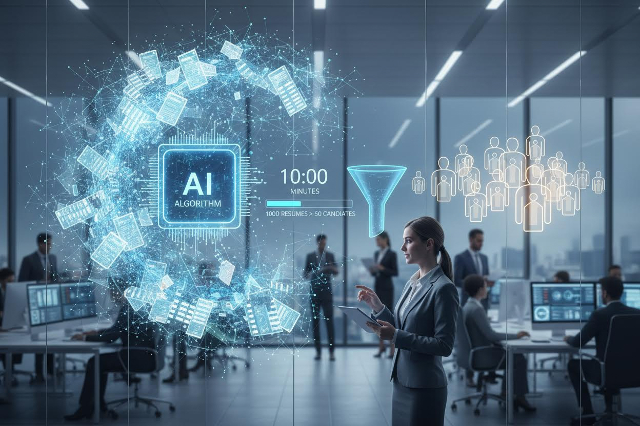 Editorial section illustration for "AI-скрининг: от 1000 резюме до 50 кандидатов за 10 минут" in context of "Автоматизация найма: от парсинга резюме до AI-собеседования". Subject-focused composition, realistic business environment, crisp details, natural contrast, no text, no watermark, no logo, no empty background, 16:9.