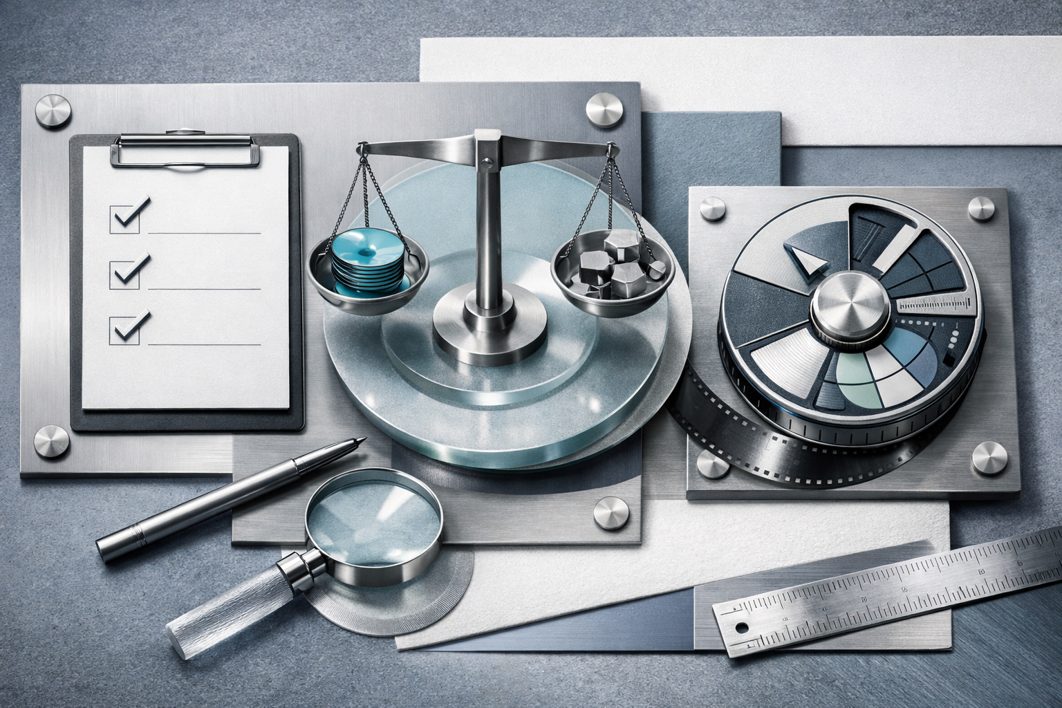 Macro editorial still life with premium materials, precise reflections, sculpted shadows, and hidden micro-details. Article title: "Лучшие видеоредакторы для Windows 10 и 11: Топ-7 инструментов 2026". Section focus: "Критерии выбора: Что реально важно в 2026". Concrete concept to visualize: Критерии, выбора, реально, важно, 2026. Invent a specific metaphor tied to this section only; do not fall back to generic AI brains, neon circuits, or random dashboards. Color direction: cool slate, pearl white, muted cyan, brushed steel. Camera: top-down flat lay with structured geometry and intentional rhythm between objects. Use tactile materials, layered objects, visual hierarchy, and premium editorial polish like a cover story interior spread. No people, no faces, no hands, no readable UI text, no logos, no watermark, no empty dark voids. 16:9 landscape.