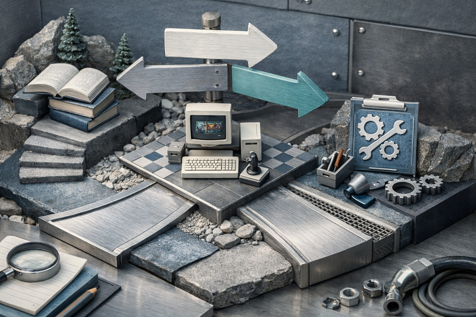 Miniature diorama built from real business objects, tactile textures, warm controlled light, and handcrafted realism. Article title: "DirectX Runtime для старых игр: полное руководство 2026". Section focus: "Кому подходит сценарий". Concrete concept to visualize: Кому, подходит, сценарий. Invent a specific metaphor tied to this section only; do not fall back to generic AI brains, neon circuits, or random dashboards. Color direction: cool slate, pearl white, muted cyan, brushed steel. Camera: elevated 35mm view with strong leading lines and clear foreground-midground-background separation. Use tactile materials, layered objects, visual hierarchy, and premium editorial polish like a cover story interior spread. No people, no faces, no hands, no readable UI text, no logos, no watermark, no empty dark voids. 16:9 landscape.