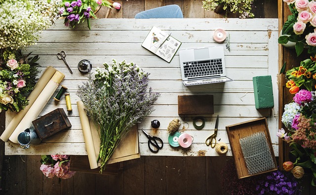 arrangement, attractive, beautiful, beautiful flowers, bloom, blossom, nature, bouquet, business, flower wallpaper, colorful, decoration, detail, floral, florist, flowers, natural, plants, present, shop, flower background, small business, wooden table, workspace