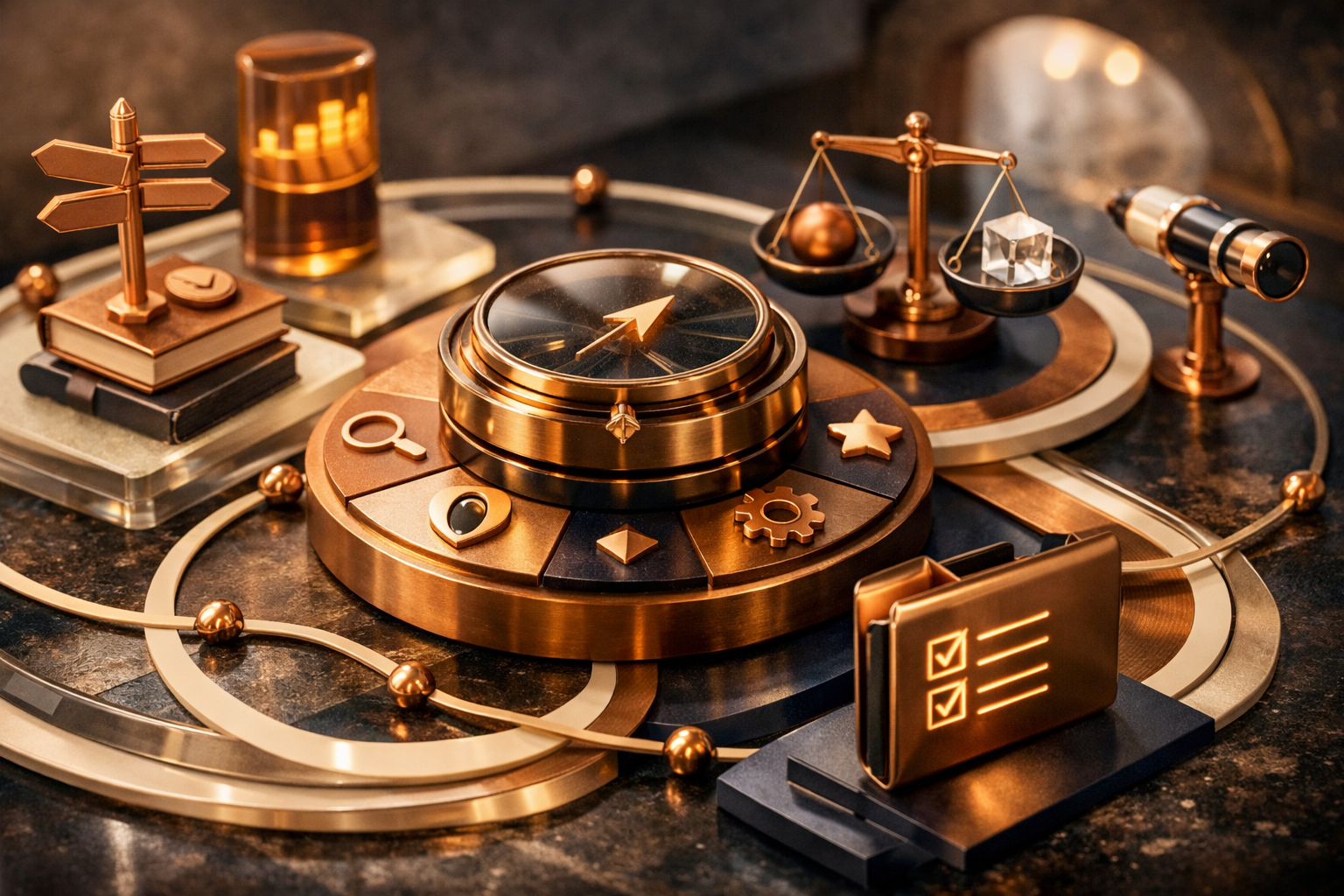 Signal-map composition where pathways, anchors, and control points form a high-end systems metaphor. Article title: "Браузер с нейросетью 2026: Топ-7 инструментов для реальной работы". Section focus: "Критерии выбора: Фреймворк стратега". Concrete concept to visualize: Критерии, выбора, Фреймворк, стратега. Invent a specific metaphor tied to this section only; do not fall back to generic AI brains, neon circuits, or random dashboards. Color direction: warm ivory, copper, deep navy, smoked glass. Camera: close-up 50mm product editorial shot, shallow depth but readable scene hierarchy. Use tactile materials, layered objects, visual hierarchy, and premium editorial polish like a cover story interior spread. No people, no faces, no hands, no readable UI text, no logos, no watermark, no empty dark voids. 16:9 landscape.