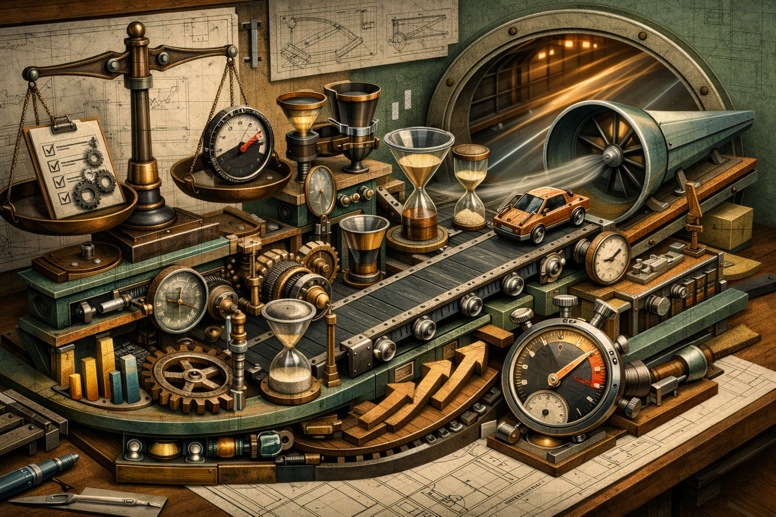 Cutaway blueprint environment revealing internal mechanics, precise geometry, and technical elegance. Article title: "Самый быстрый браузер для слабого ПК: Топ-5 в 2026". Section focus: "Критерии выбора: Что реально влияет на скорость". Concrete concept to visualize: Критерии, выбора, реально, влияет, скорость. Invent a specific metaphor tied to this section only; do not fall back to generic AI brains, neon circuits, or random dashboards. Color direction: sand beige, eucalyptus green, oxidized metal, dark walnut. Camera: elevated 35mm view with strong leading lines and clear foreground-midground-background separation. Use tactile materials, layered objects, visual hierarchy, and premium editorial polish like a cover story interior spread. No people, no faces, no hands, no readable UI text, no logos, no watermark, no empty dark voids. 16:9 landscape.