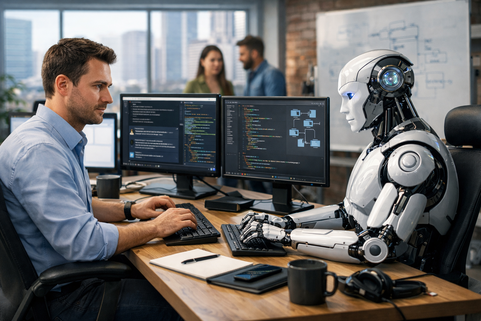 Editorial section illustration for "Архитектура команды: Где ИИ, а где Человек?" in context of "Cursor + Claude Code: как AI пишет код для вашего бизнеса". Subject-focused composition, realistic business environment, crisp details, natural contrast, no text, no watermark, no logo, no empty background, 16:9.