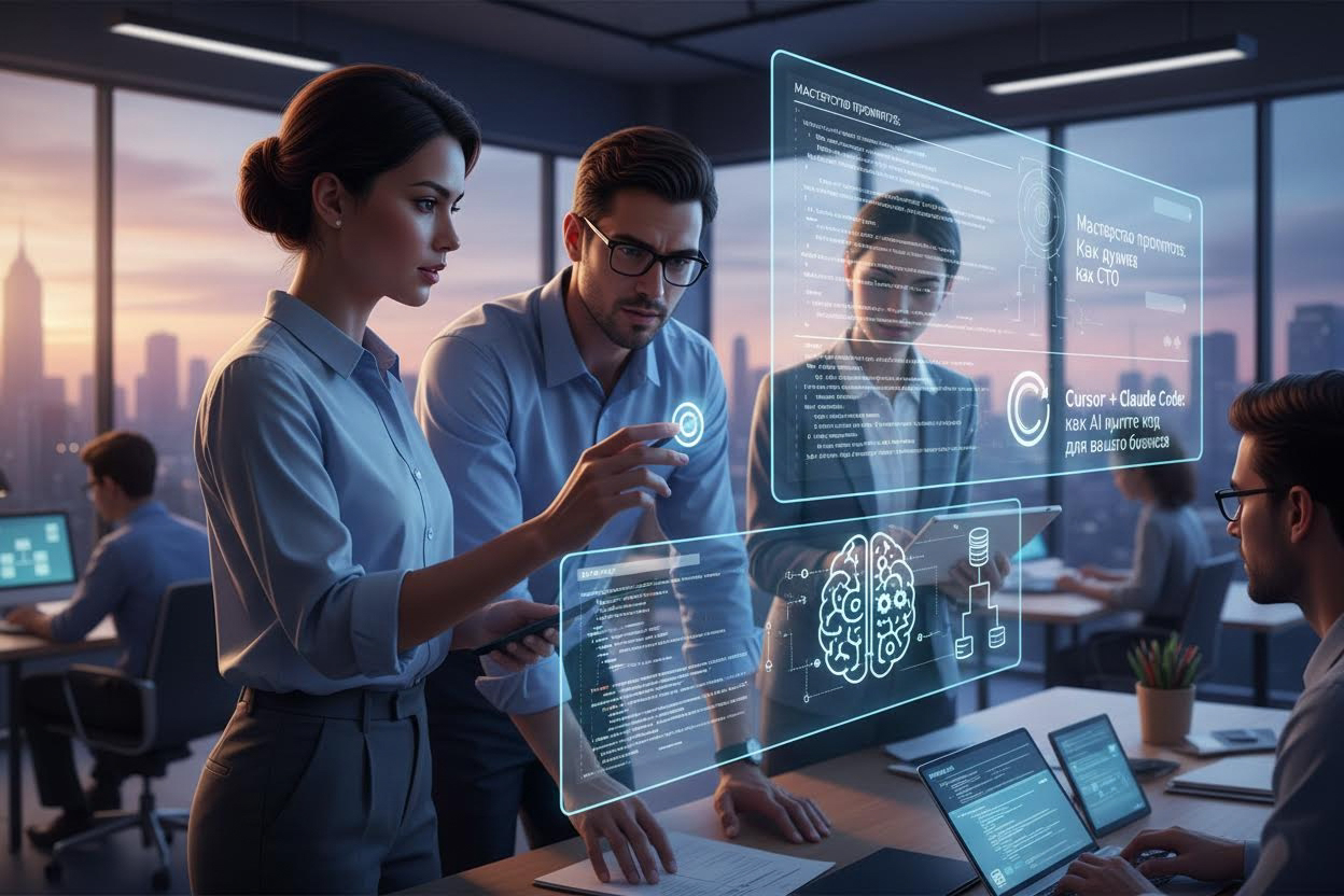 Editorial section illustration for "Мастерство промптов: Как думать как CTO" in context of "Cursor + Claude Code: как AI пишет код для вашего бизнеса". Subject-focused composition, realistic business environment, crisp details, natural contrast, no text, no watermark, no logo, no empty background, 16:9.