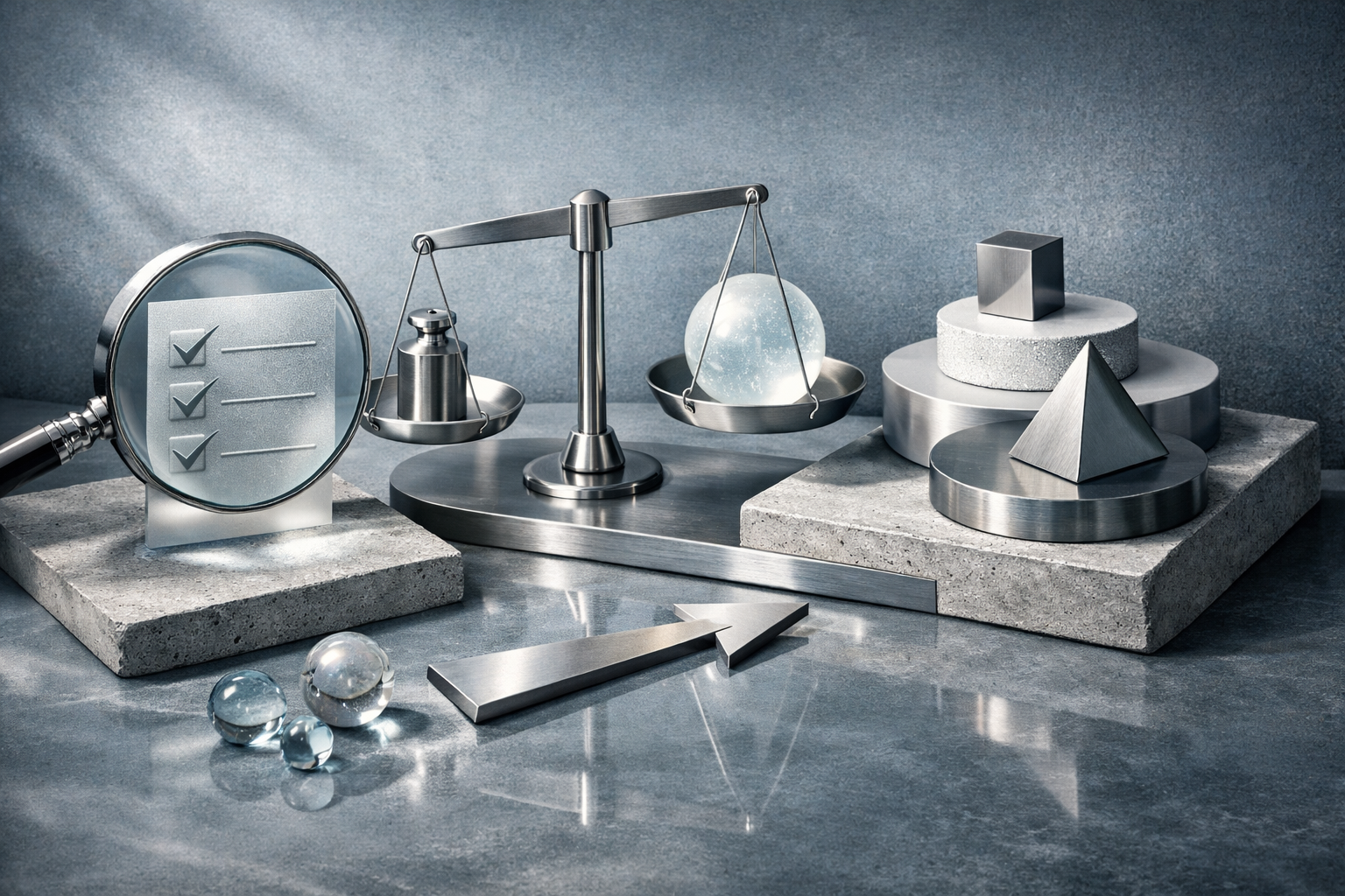 Macro editorial still life with premium materials, precise reflections, sculpted shadows, and hidden micro-details. Article title: "Топ-7 программ для видеосвязи и рабочих созвонов в 2026 году". Section focus: "Критерии выбора платформы". Concrete concept to visualize: Критерии, выбора, платформы. Invent a specific metaphor tied to this section only; do not fall back to generic AI brains, neon circuits, or random dashboards. Color direction: cool slate, pearl white, muted cyan, brushed steel. Camera: wide-angle but controlled perspective, crisp focal anchor, premium magazine framing. Use tactile materials, layered objects, visual hierarchy, and premium editorial polish like a cover story interior spread. No people, no faces, no hands, no readable UI text, no logos, no watermark, no empty dark voids. 16:9 landscape.