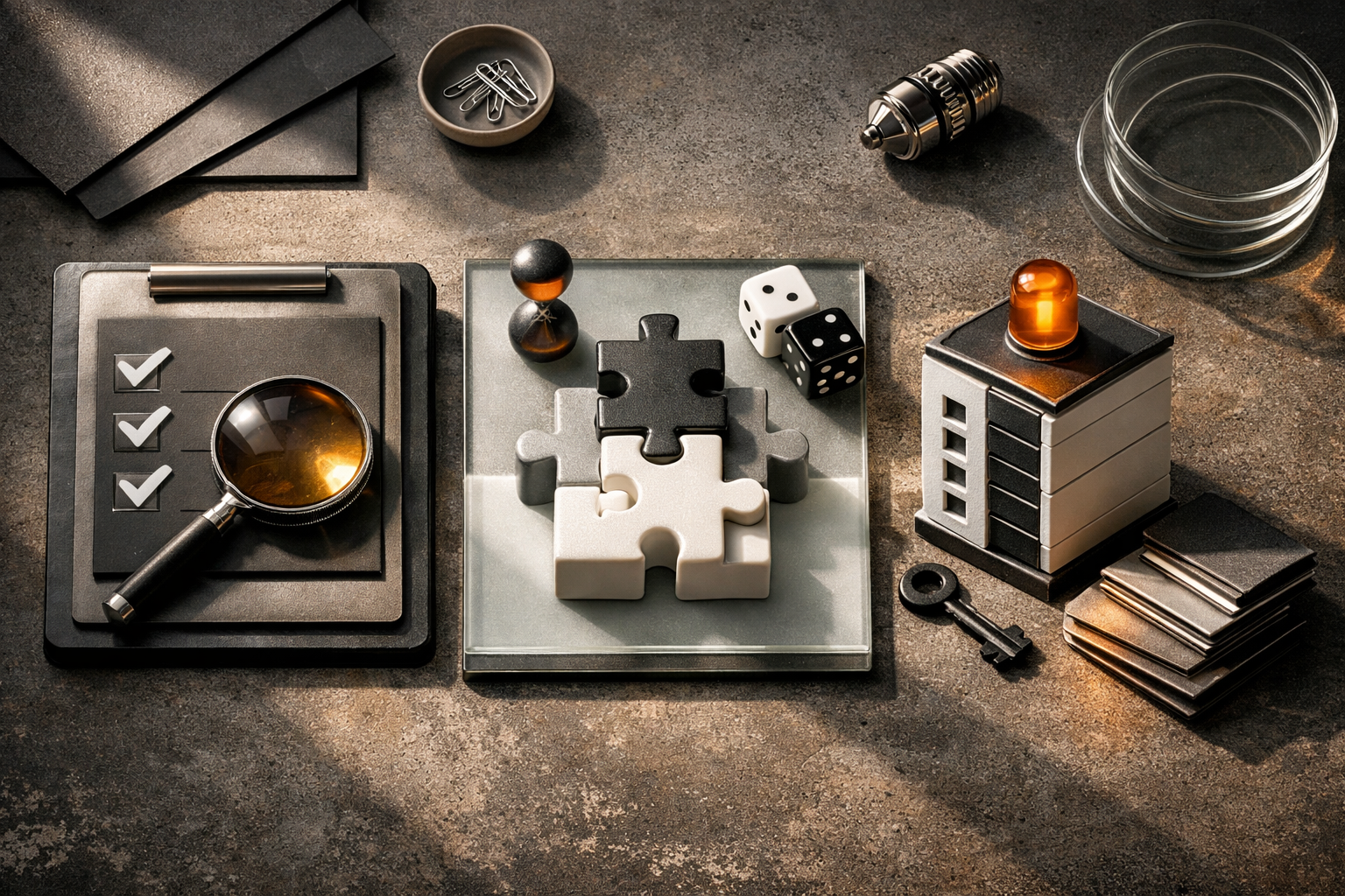 Art-directed laboratory tableau with polished metal, frosted glass, matte ceramics, and dramatic side light. Article title: "Лучшие FTP-клиенты для Windows 2026: FileZilla и 15+ альтернатив". Section focus: "Критерии выбора FTP-клиента". Concrete concept to visualize: Критерии, выбора, клиента. Invent a specific metaphor tied to this section only; do not fall back to generic AI brains, neon circuits, or random dashboards. Color direction: soft graphite, amber highlights, porcelain white, matte black. Camera: top-down flat lay with structured geometry and intentional rhythm between objects. Use tactile materials, layered objects, visual hierarchy, and premium editorial polish like a cover story interior spread. No people, no faces, no hands, no readable UI text, no logos, no watermark, no empty dark voids. 16:9 landscape.