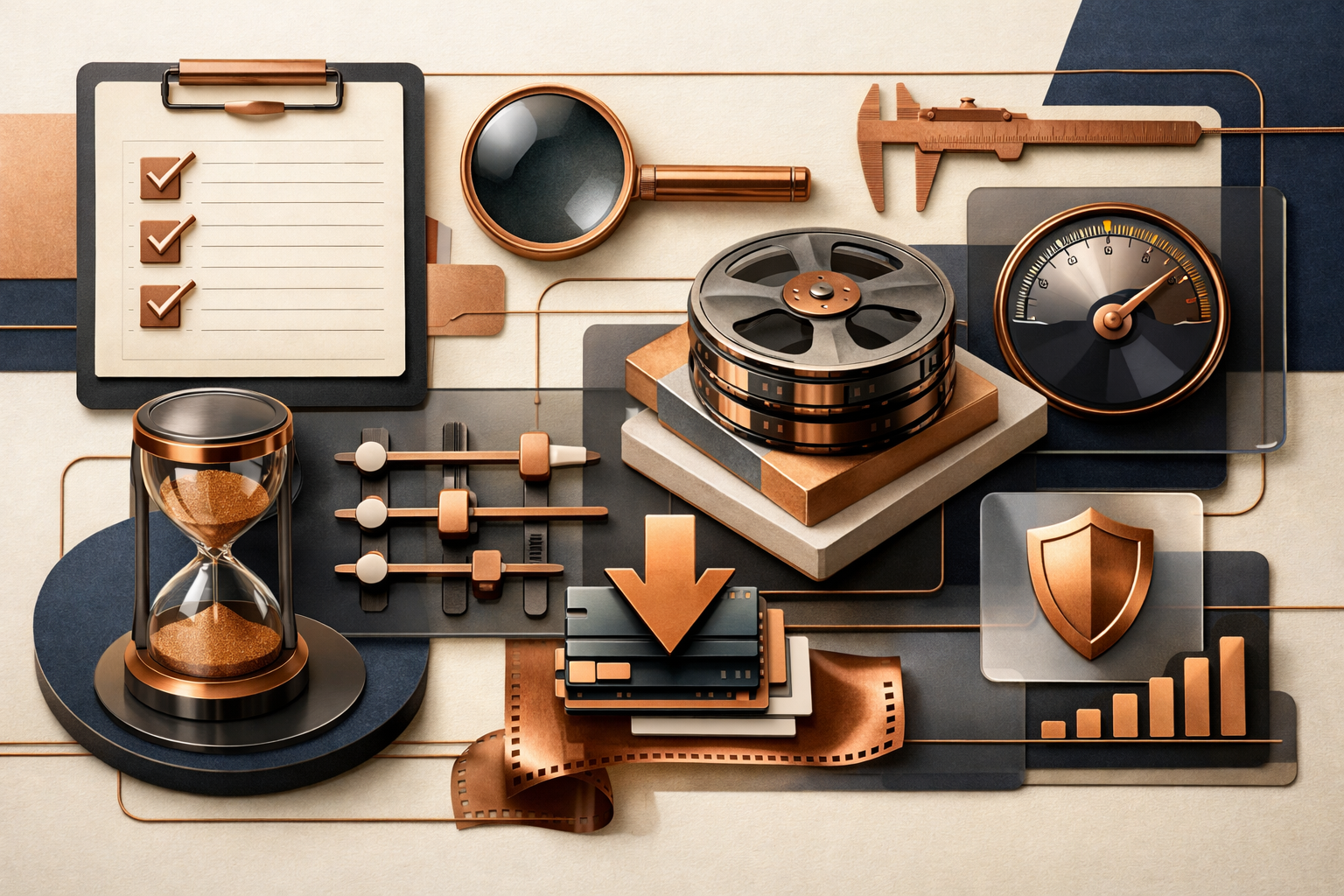 Signal-map composition where pathways, anchors, and control points form a high-end systems metaphor. Article title: "Топ-7 программ для скачивания видео с сайтов на ПК в 2026 году". Section focus: "Критерии выбора программы для скачивания видео". Concrete concept to visualize: Критерии, выбора, программы, скачивания, видео. Invent a specific metaphor tied to this section only; do not fall back to generic AI brains, neon circuits, or random dashboards. Color direction: warm ivory, copper, deep navy, smoked glass. Camera: top-down flat lay with structured geometry and intentional rhythm between objects. Use tactile materials, layered objects, visual hierarchy, and premium editorial polish like a cover story interior spread. No people, no faces, no hands, no readable UI text, no logos, no watermark, no empty dark voids. 16:9 landscape.