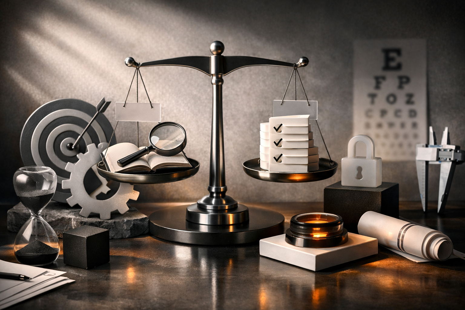 Art-directed laboratory tableau with polished metal, frosted glass, matte ceramics, and dramatic side light. Article title: "Лучшие сканеры документов и PDF с OCR: Топ-12 моделей 2026 года". Section focus: "Критерии выбора сканера с OCR". Concrete concept to visualize: Критерии, выбора, сканера. Invent a specific metaphor tied to this section only; do not fall back to generic AI brains, neon circuits, or random dashboards. Color direction: soft graphite, amber highlights, porcelain white, matte black. Camera: wide-angle but controlled perspective, crisp focal anchor, premium magazine framing. Use tactile materials, layered objects, visual hierarchy, and premium editorial polish like a cover story interior spread. No people, no faces, no hands, no readable UI text, no logos, no watermark, no empty dark voids. 16:9 landscape.