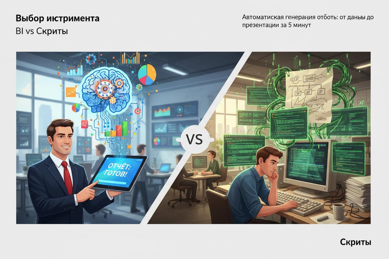 Editorial section illustration for "Выбор инструмента: BI vs Скрипты" in context of "Автоматическая генерация отчётов: от данных до презентации за 5 минут". Subject-focused composition, realistic business environment, crisp details, natural contrast, no text, no watermark, no logo, no empty background, 16:9.