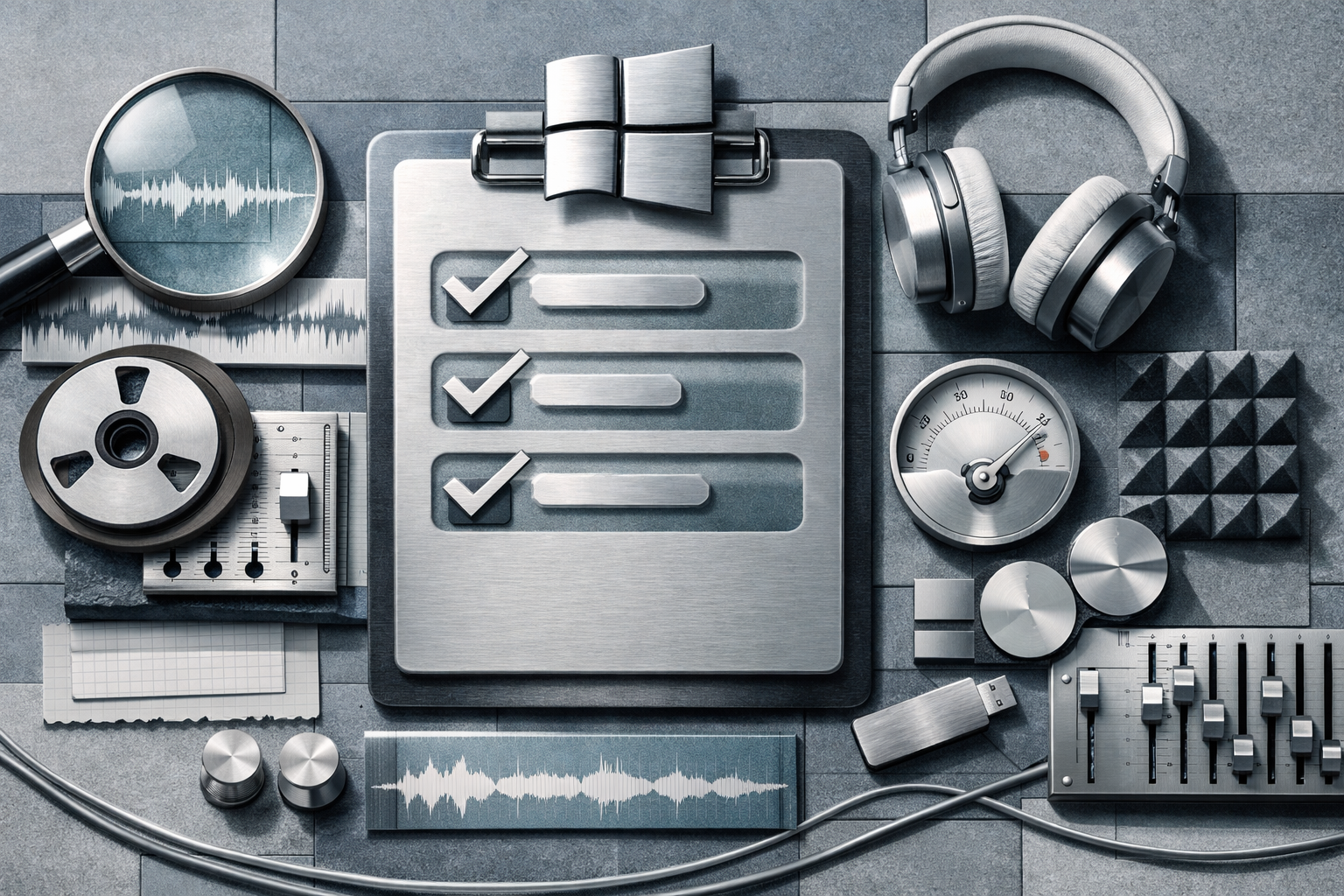 Macro editorial still life with premium materials, precise reflections, sculpted shadows, and hidden micro-details. Article title: "Топ-7 аудиоредакторов для Windows в 2026: Выбор стратега". Section focus: "Критерии выбора: Фреймворк стратега". Concrete concept to visualize: Критерии, выбора, Фреймворк, стратега. Invent a specific metaphor tied to this section only; do not fall back to generic AI brains, neon circuits, or random dashboards. Color direction: cool slate, pearl white, muted cyan, brushed steel. Camera: top-down flat lay with structured geometry and intentional rhythm between objects. Use tactile materials, layered objects, visual hierarchy, and premium editorial polish like a cover story interior spread. No people, no faces, no hands, no readable UI text, no logos, no watermark, no empty dark voids. 16:9 landscape.