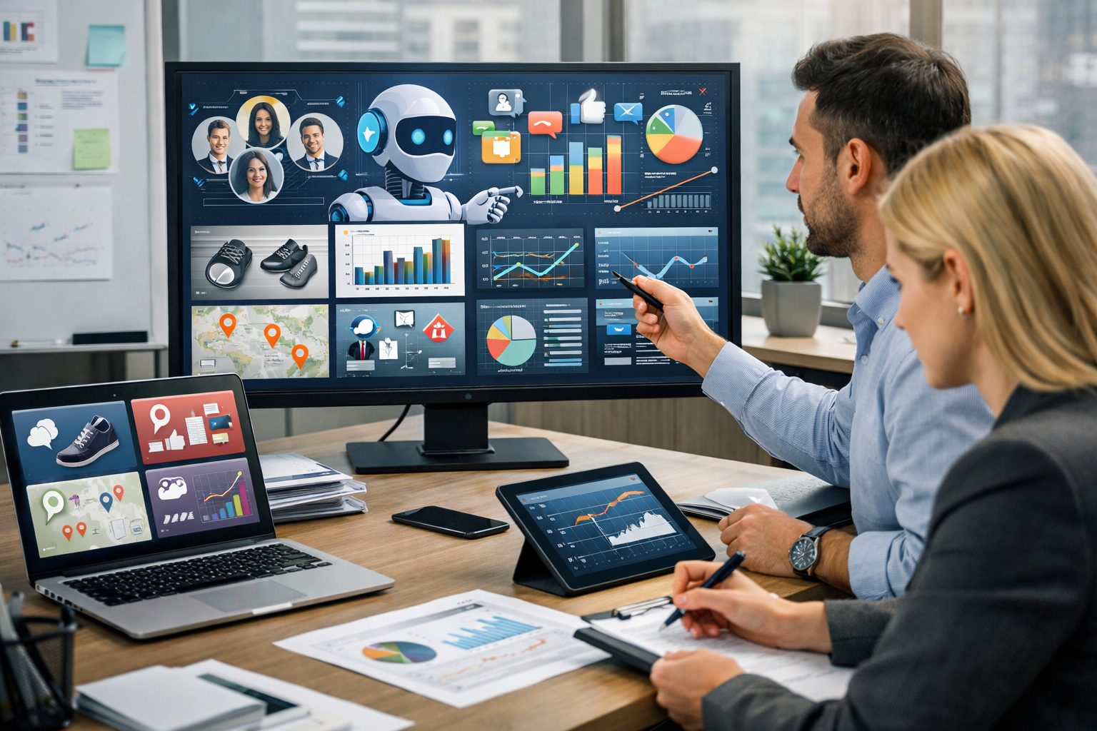 Editorial section illustration for "Фреймворк 4P для конкурентного мониторинга" in context of "AI-мониторинг конкурентов: автоматический сбор и анализ данных". Subject-focused composition, realistic business environment, crisp details, natural contrast, no text, no watermark, no logo, no empty background, 16:9.