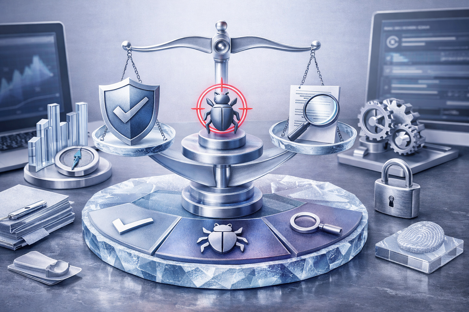 High-end desktop composition combining instruments, screens, and physical artifacts without readable interface text. Article title: "Лучшие anti-malware и антишпионские программы для ПК 2026: Топ-10 решений". Section focus: "Критерии выбора anti-malware". Concrete concept to visualize: Критерии, выбора, anti, malware. Invent a specific metaphor tied to this section only; do not fall back to generic AI brains, neon circuits, or random dashboards. Color direction: ice blue, violet gray, polished chrome, cloud white. Camera: wide-angle but controlled perspective, crisp focal anchor, premium magazine framing. Use tactile materials, layered objects, visual hierarchy, and premium editorial polish like a cover story interior spread. No people, no faces, no hands, no readable UI text, no logos, no watermark, no empty dark voids. 16:9 landscape.