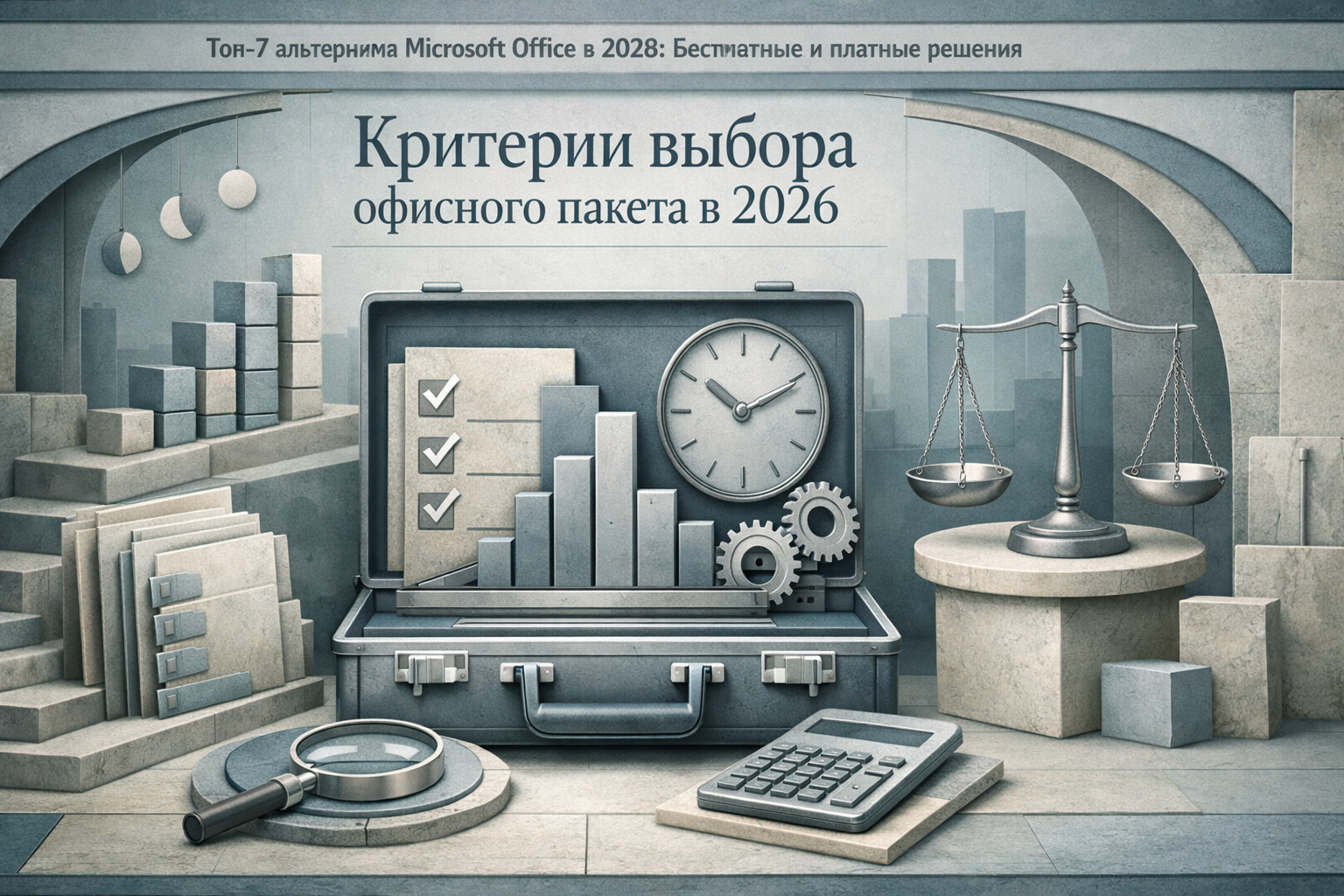 Architectural elevation scene with layered frames, structural rhythm, and editorial poster discipline. Article title: "Топ-7 альтернатив Microsoft Office в 2026: Бесплатные и платные решения". Section focus: "Критерии выбора офисного пакета в 2026". Concrete concept to visualize: Критерии, выбора, офисного, пакета, 2026. Invent a specific metaphor tied to this section only; do not fall back to generic AI brains, neon circuits, or random dashboards. Color direction: fog blue, desaturated teal, silver accents, pale stone. Camera: wide-angle but controlled perspective, crisp focal anchor, premium magazine framing. Use tactile materials, layered objects, visual hierarchy, and premium editorial polish like a cover story interior spread. No people, no faces, no hands, no readable UI text, no logos, no watermark, no empty dark voids. 16:9 landscape.