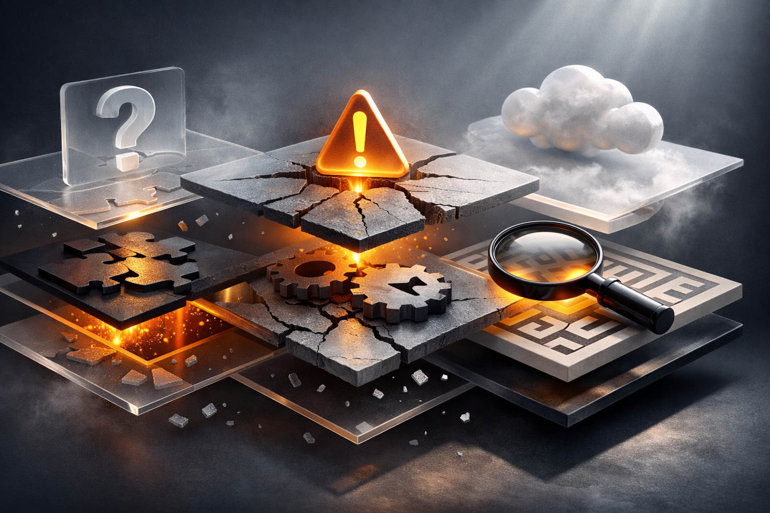 Exploded product architecture with floating layers, translucent materials, and magazine-grade diagram energy. Article title: "ucrtbase.dll и concrt140.dll: как исправить ошибки запуска в 2026". Section focus: "Что означает ошибка и почему возникает". Concrete concept to visualize: означает, ошибка, почему, возникает. Invent a specific metaphor tied to this section only; do not fall back to generic AI brains, neon circuits, or random dashboards. Color direction: soft graphite, amber highlights, porcelain white, matte black. Camera: side-on studio composition with dramatic rim light and subtle volumetric atmosphere. Use tactile materials, layered objects, visual hierarchy, and premium editorial polish like a cover story interior spread. No people, no faces, no hands, no readable UI text, no logos, no watermark, no empty dark voids. 16:9 landscape.