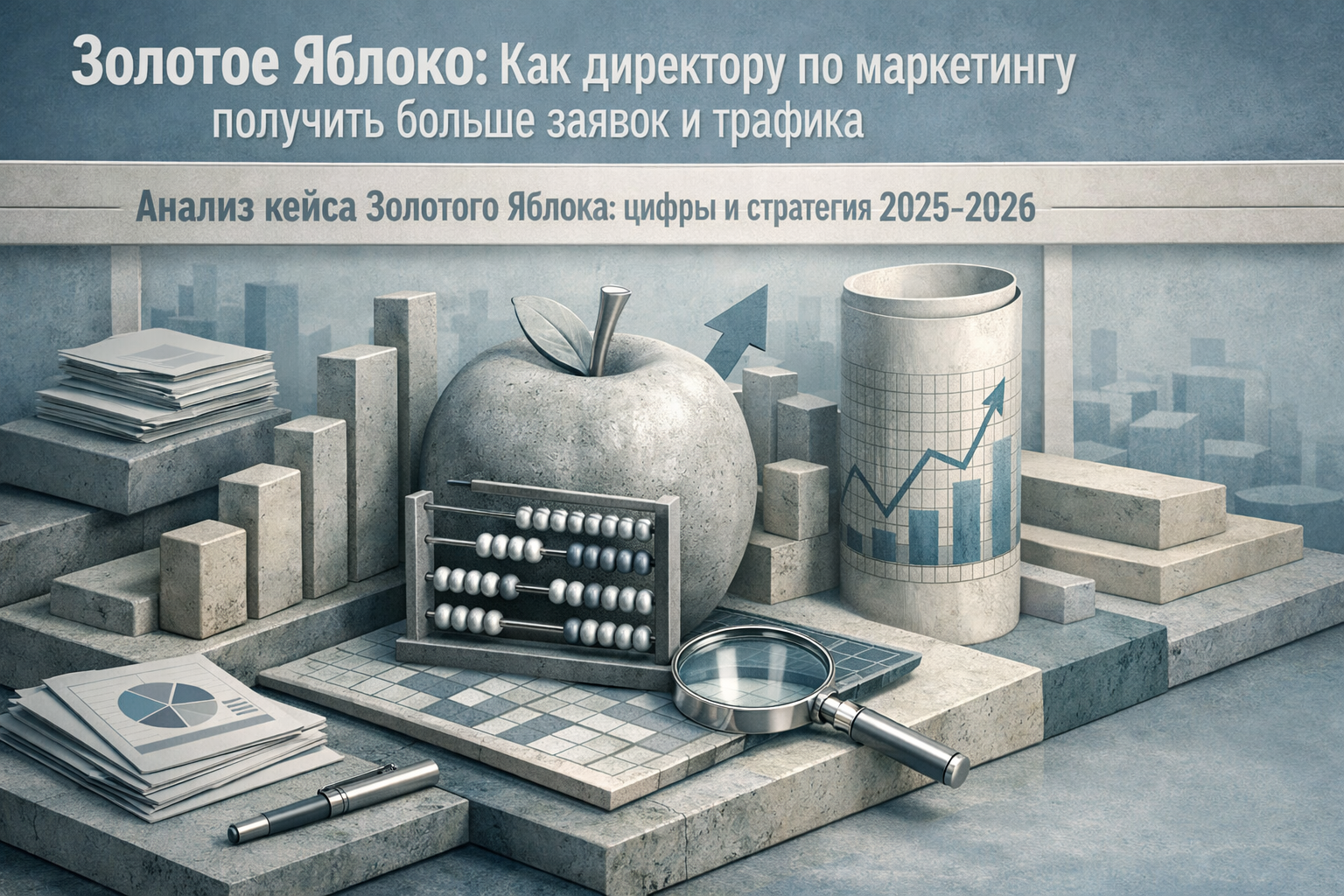 Architectural elevation scene with layered frames, structural rhythm, and editorial poster discipline. Article title: "Золотое Яблоко: Как директору по маркетингу получить больше заявок и трафика". Section focus: "Анализ кейса Золотого Яблока: цифры и стратегия 2025-2026". Concrete concept to visualize: Анализ, кейса, Золотого, Яблока, цифры. Invent a specific metaphor tied to this section only; do not fall back to generic AI brains, neon circuits, or random dashboards. Color direction: fog blue, desaturated teal, silver accents, pale stone. Camera: elevated 35mm view with strong leading lines and clear foreground-midground-background separation. Use tactile materials, layered objects, visual hierarchy, and premium editorial polish like a cover story interior spread. No people, no faces, no hands, no readable UI text, no logos, no watermark, no empty dark voids. 16:9 landscape.