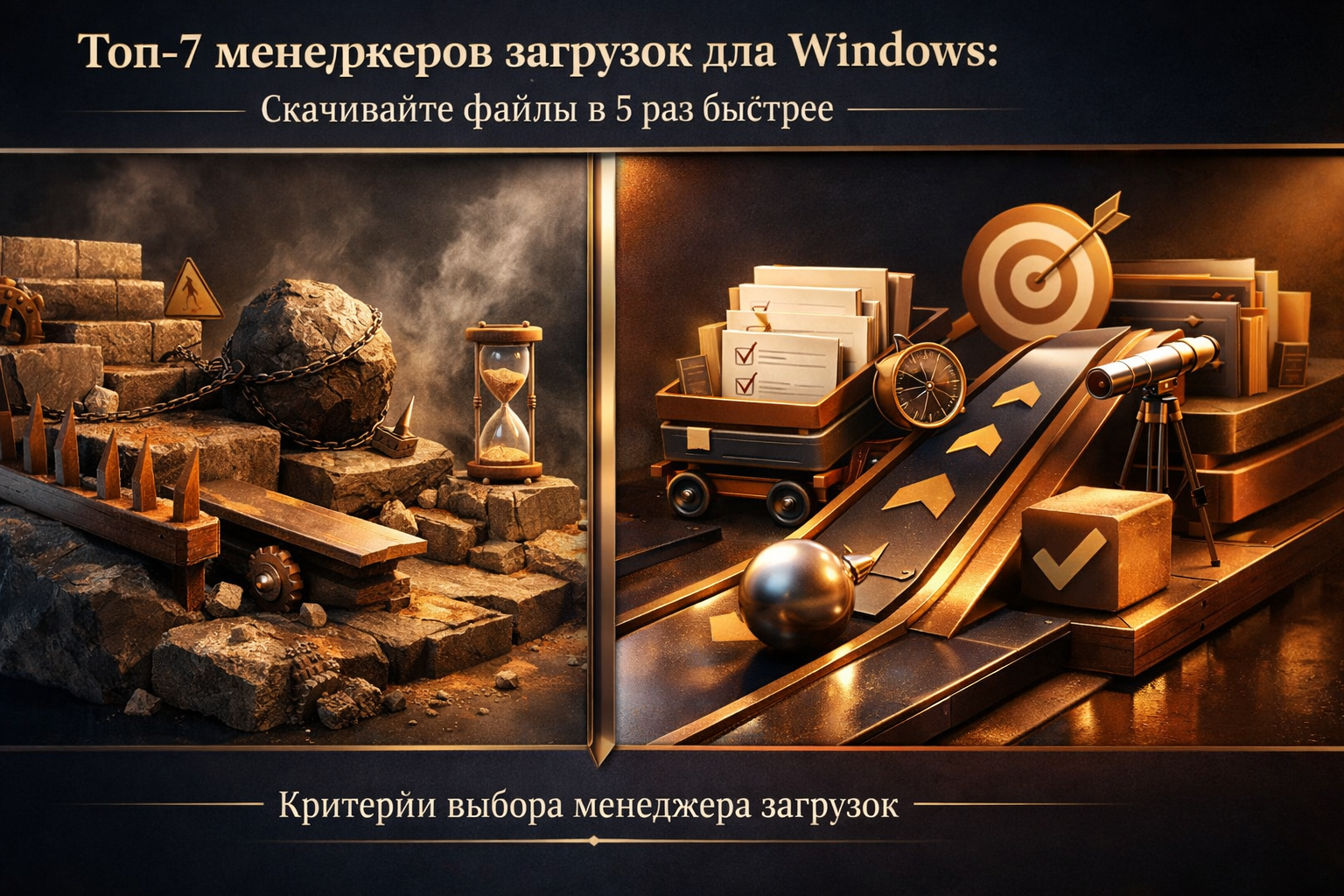 Split-frame systems narrative showing friction versus leverage, with a clean dividing structure and layered depth. Article title: "Топ-7 менеджеров загрузок для Windows: Скачивайте файлы в 5 раз быстрее". Section focus: "Критерии выбора менеджера загрузок". Concrete concept to visualize: Критерии, выбора, менеджера, загрузок. Invent a specific metaphor tied to this section only; do not fall back to generic AI brains, neon circuits, or random dashboards. Color direction: warm ivory, copper, deep navy, smoked glass. Camera: side-on studio composition with dramatic rim light and subtle volumetric atmosphere. Use tactile materials, layered objects, visual hierarchy, and premium editorial polish like a cover story interior spread. No people, no faces, no hands, no readable UI text, no logos, no watermark, no empty dark voids. 16:9 landscape.