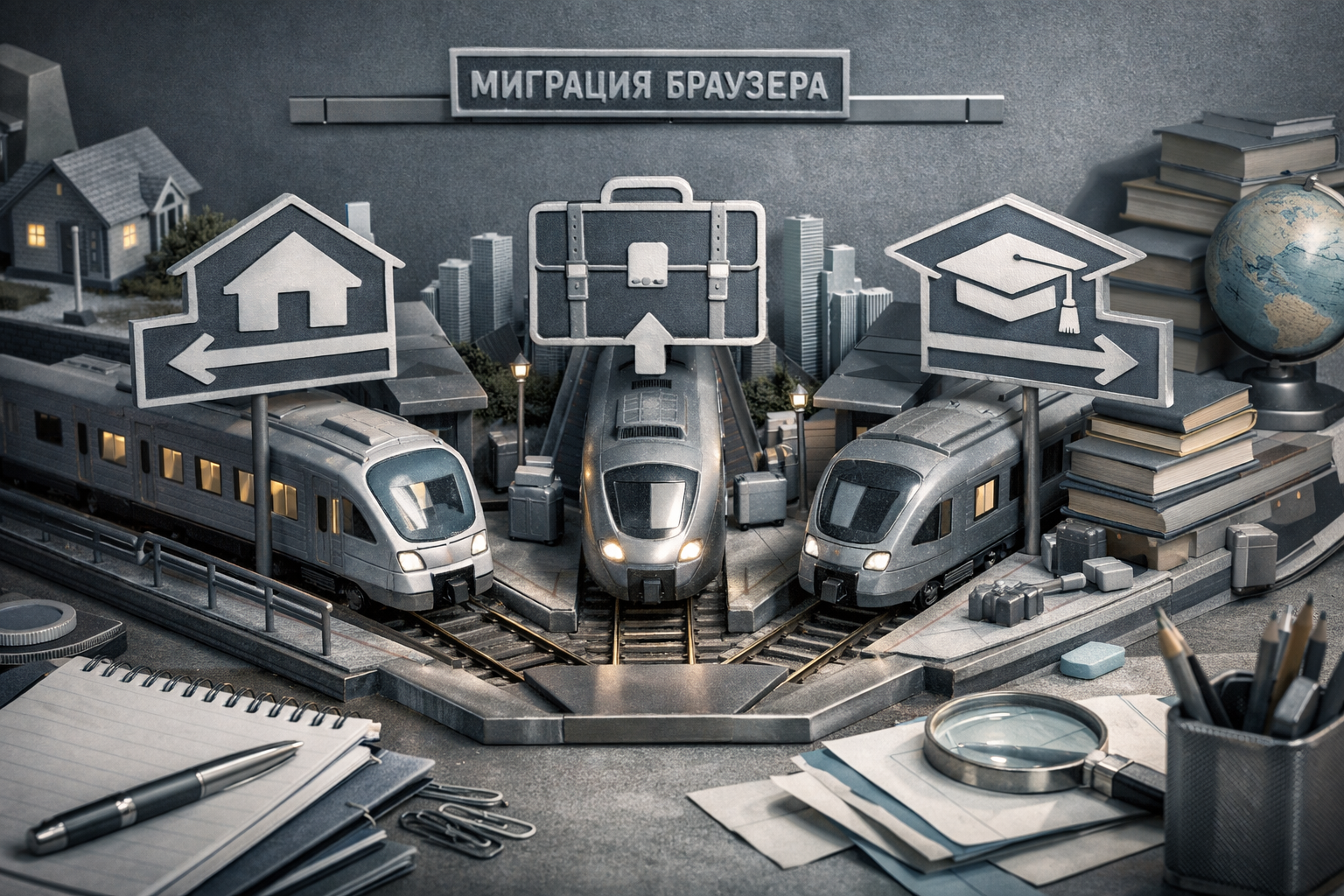 Miniature diorama built from real business objects, tactile textures, warm controlled light, and handcrafted realism. Article title: "Как перенести закладки, пароли и расширения из одного браузера в другой". Section focus: "Кому подходит сценарий". Concrete concept to visualize: Кому, подходит, сценарий. Invent a specific metaphor tied to this section only; do not fall back to generic AI brains, neon circuits, or random dashboards. Color direction: cool slate, pearl white, muted cyan, brushed steel. Camera: elevated 35mm view with strong leading lines and clear foreground-midground-background separation. Use tactile materials, layered objects, visual hierarchy, and premium editorial polish like a cover story interior spread. No people, no faces, no hands, no readable UI text, no logos, no watermark, no empty dark voids. 16:9 landscape.