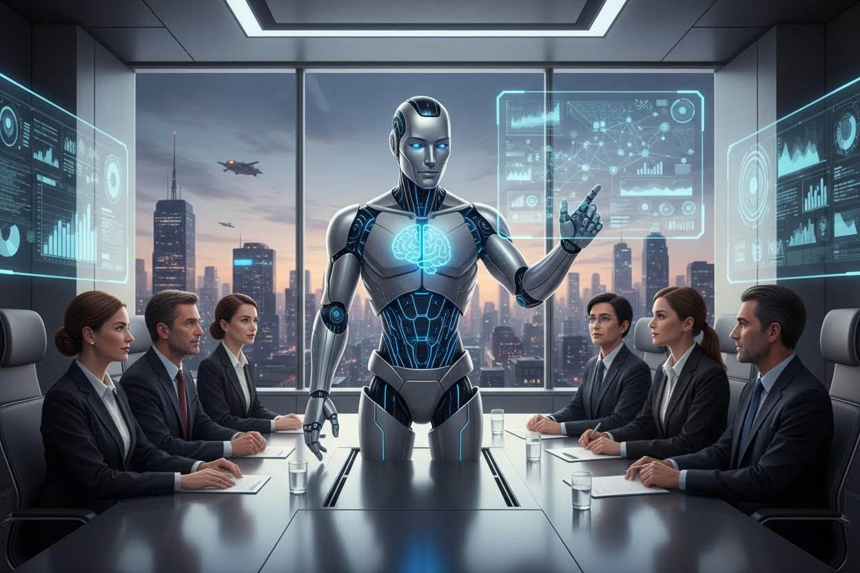 Editorial section illustration for "Кейсы внедрения: от теории к практике" in context of "AI-CEO: может ли искусственный интеллект управлять бизнесом". Subject-focused composition, realistic business environment, crisp details, natural contrast, no text, no watermark, no logo, no empty background, 16:9.