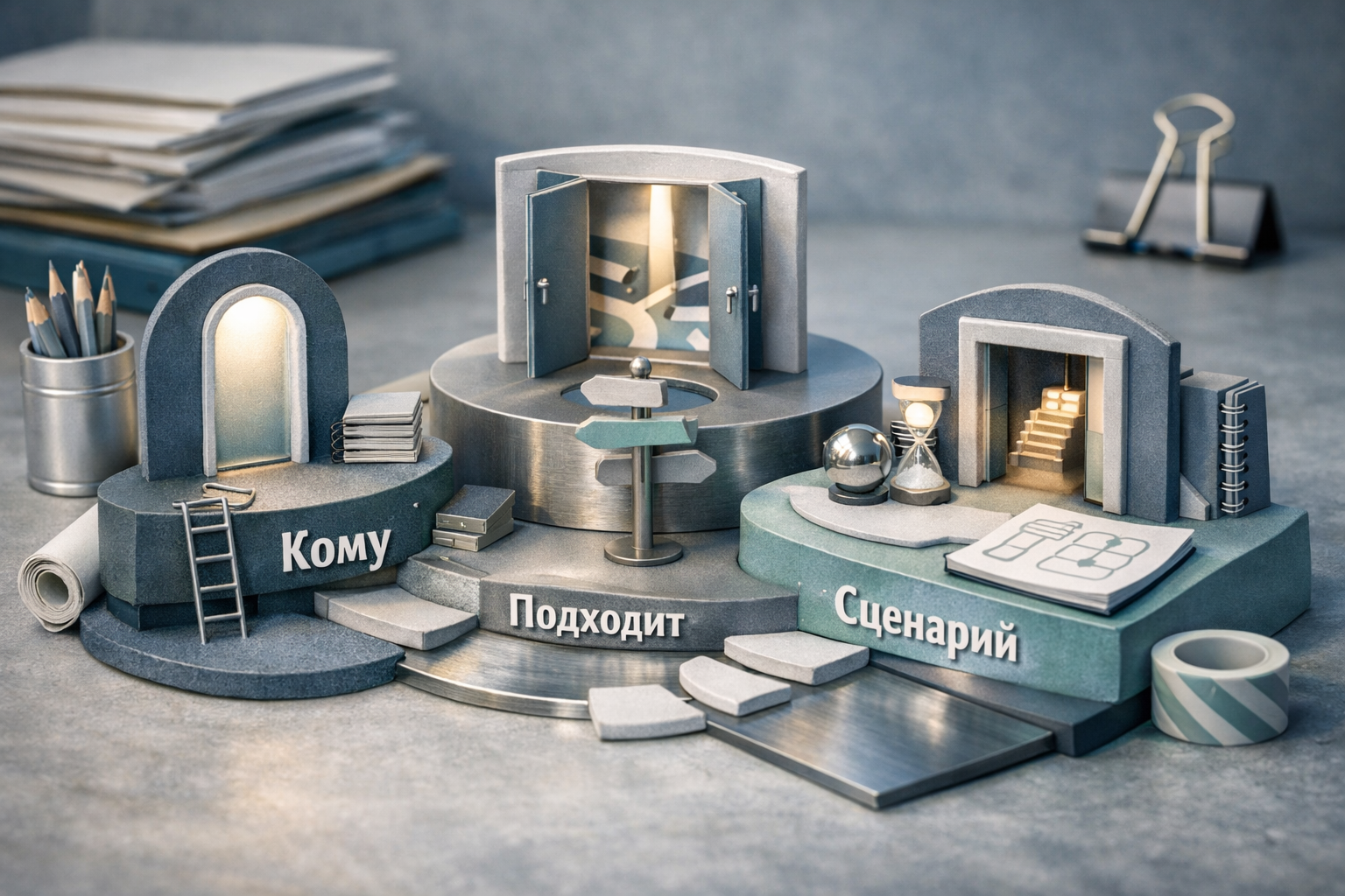 Miniature diorama built from real business objects, tactile textures, warm controlled light, and handcrafted realism. Article title: "Как бесплатно открыть и отредактировать PDF в 2026: пошаговое руководство". Section focus: "Кому подходит сценарий". Concrete concept to visualize: Кому, подходит, сценарий. Invent a specific metaphor tied to this section only; do not fall back to generic AI brains, neon circuits, or random dashboards. Color direction: cool slate, pearl white, muted cyan, brushed steel. Camera: close-up 50mm product editorial shot, shallow depth but readable scene hierarchy. Use tactile materials, layered objects, visual hierarchy, and premium editorial polish like a cover story interior spread. No people, no faces, no hands, no readable UI text, no logos, no watermark, no empty dark voids. 16:9 landscape.