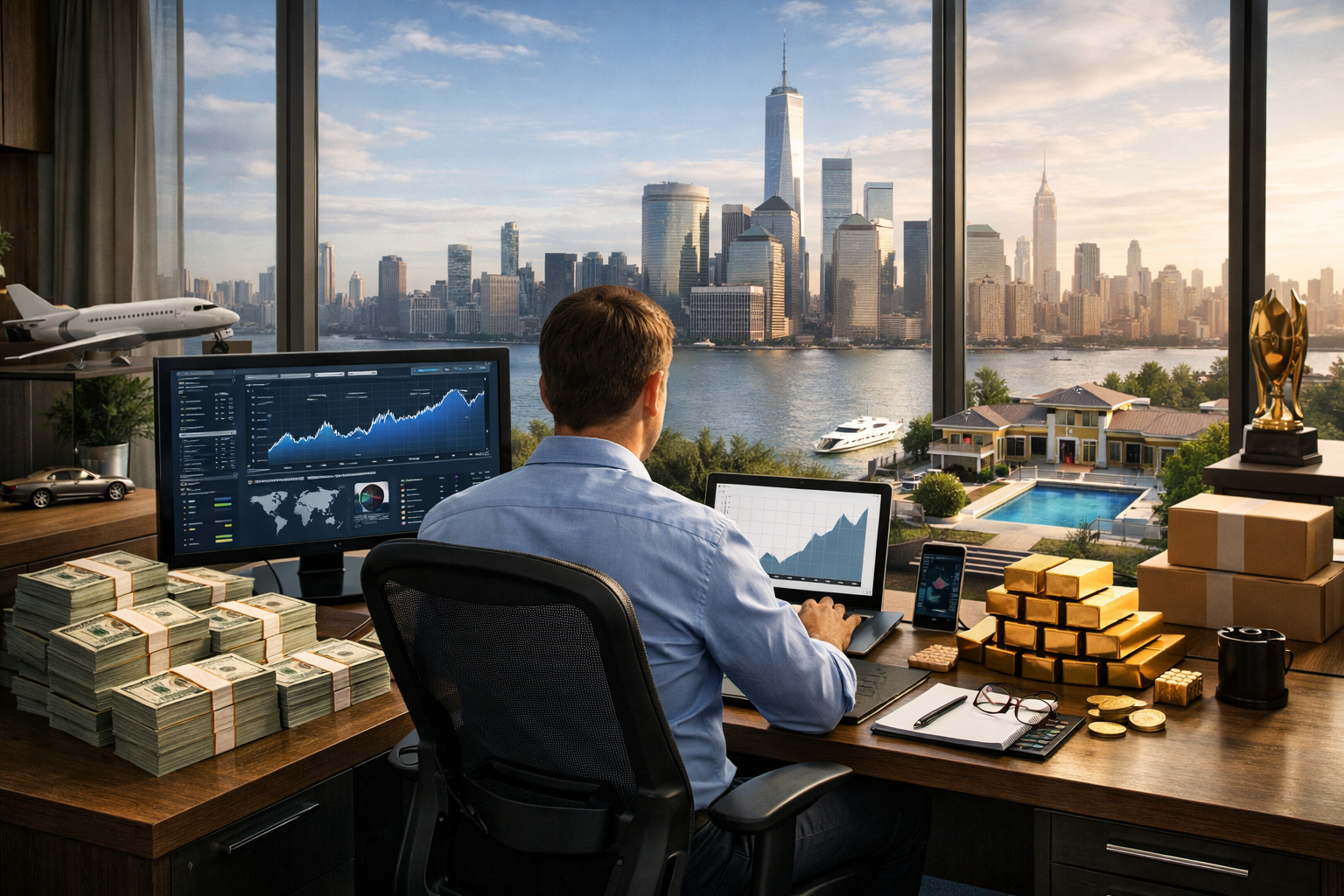 Editorial section illustration for "Экономика мультипликатора: почему это стало возможно" in context of "One-person billion-dollar company: миф или ближайшее будущее?". Subject-focused composition, realistic business environment, crisp details, natural contrast, no text, no watermark, no logo, no empty background, 16:9.