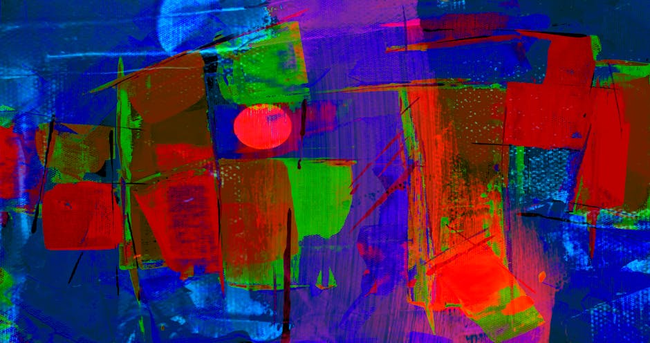 Energetic abstract artwork featuring bold reds, greens, and blues in a dynamic composition.