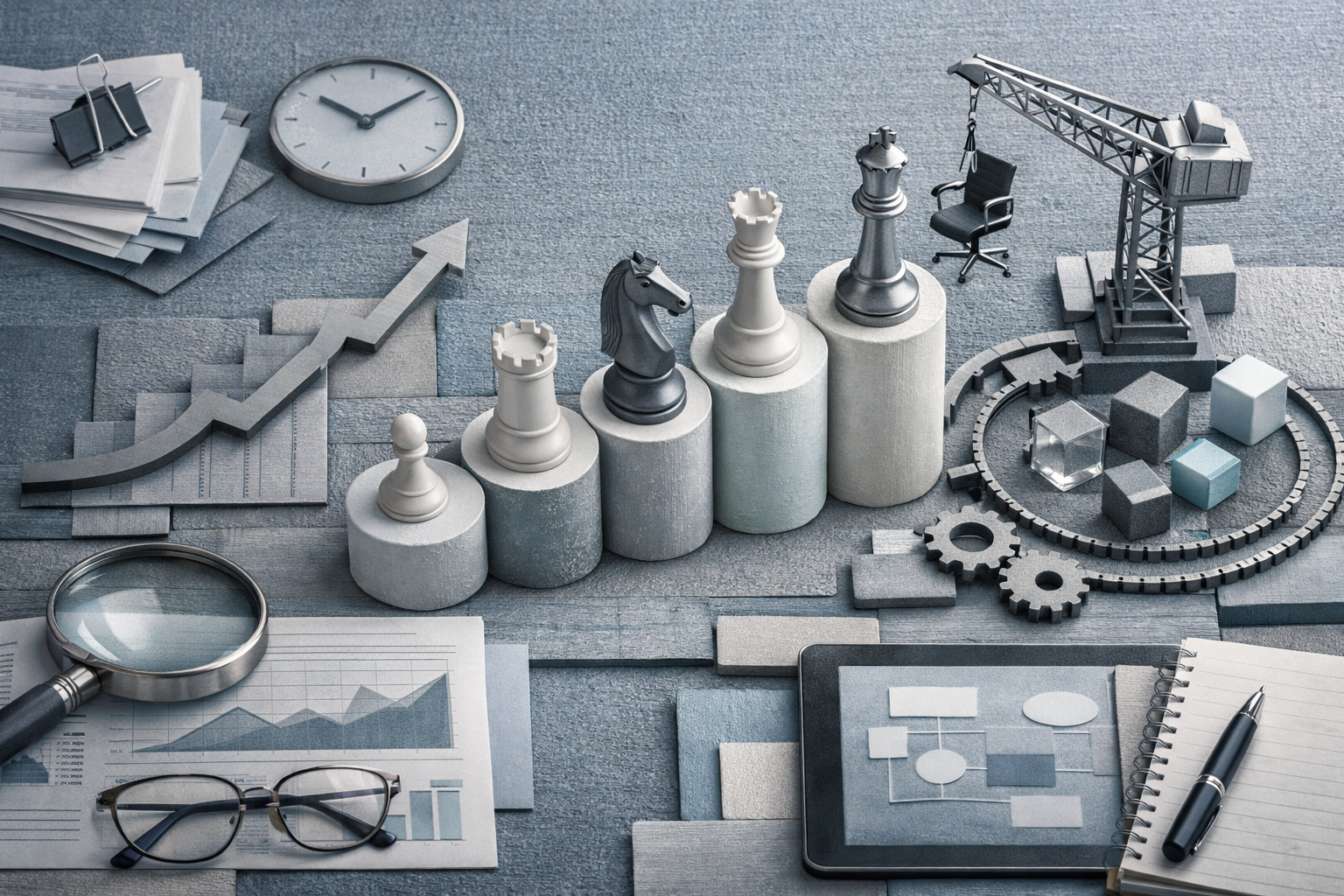 Miniature diorama built from real business objects, tactile textures, warm controlled light, and handcrafted realism. Article title: "Менеджер по продажам 2026: Как использовать AI и CRM для роста". Section focus: "Тренды продаж 2026: что меняет роль менеджера". Concrete concept to visualize: Тренды, продаж, 2026, меняет, роль. Invent a specific metaphor tied to this section only; do not fall back to generic AI brains, neon circuits, or random dashboards. Color direction: cool slate, pearl white, muted cyan, brushed steel. Camera: top-down flat lay with structured geometry and intentional rhythm between objects. Use tactile materials, layered objects, visual hierarchy, and premium editorial polish like a cover story interior spread. No people, no faces, no hands, no readable UI text, no logos, no watermark, no empty dark voids. 16:9 landscape.