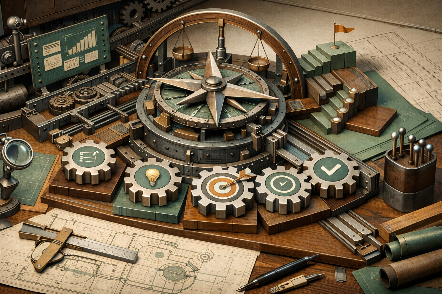 Cutaway blueprint environment revealing internal mechanics, precise geometry, and technical elegance. Article title: "Топ-7 программ для mind map и визуального планирования в 2026 году". Section focus: "Критерии выбора: фреймворк для стратегического решения". Concrete concept to visualize: Критерии, выбора, фреймворк, стратегического, решения. Invent a specific metaphor tied to this section only; do not fall back to generic AI brains, neon circuits, or random dashboards. Color direction: sand beige, eucalyptus green, oxidized metal, dark walnut. Camera: elevated 35mm view with strong leading lines and clear foreground-midground-background separation. Use tactile materials, layered objects, visual hierarchy, and premium editorial polish like a cover story interior spread. No people, no faces, no hands, no readable UI text, no logos, no watermark, no empty dark voids. 16:9 landscape.