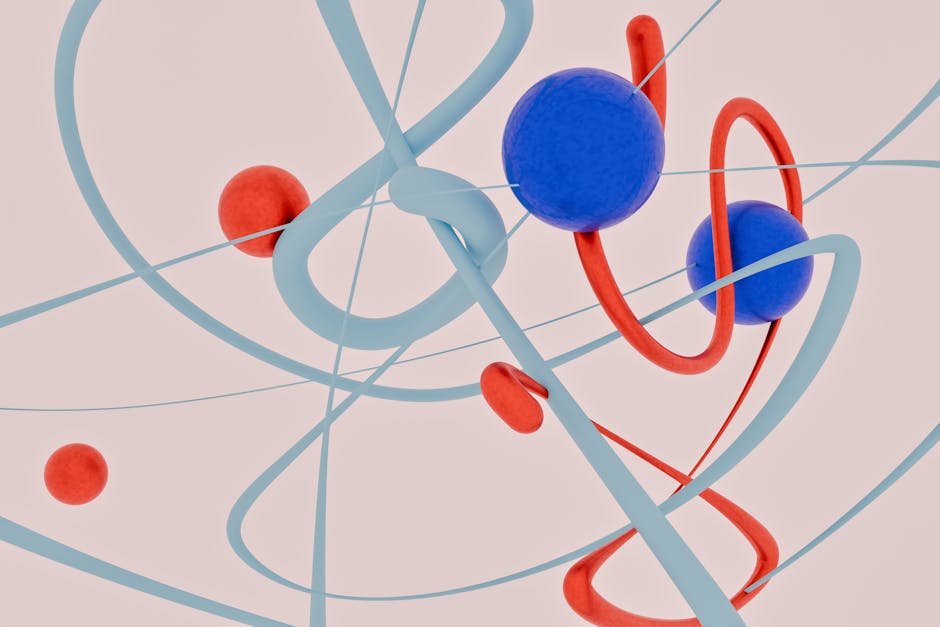 An abstract 3D render featuring dynamic blue and red spheres with swirling lines.