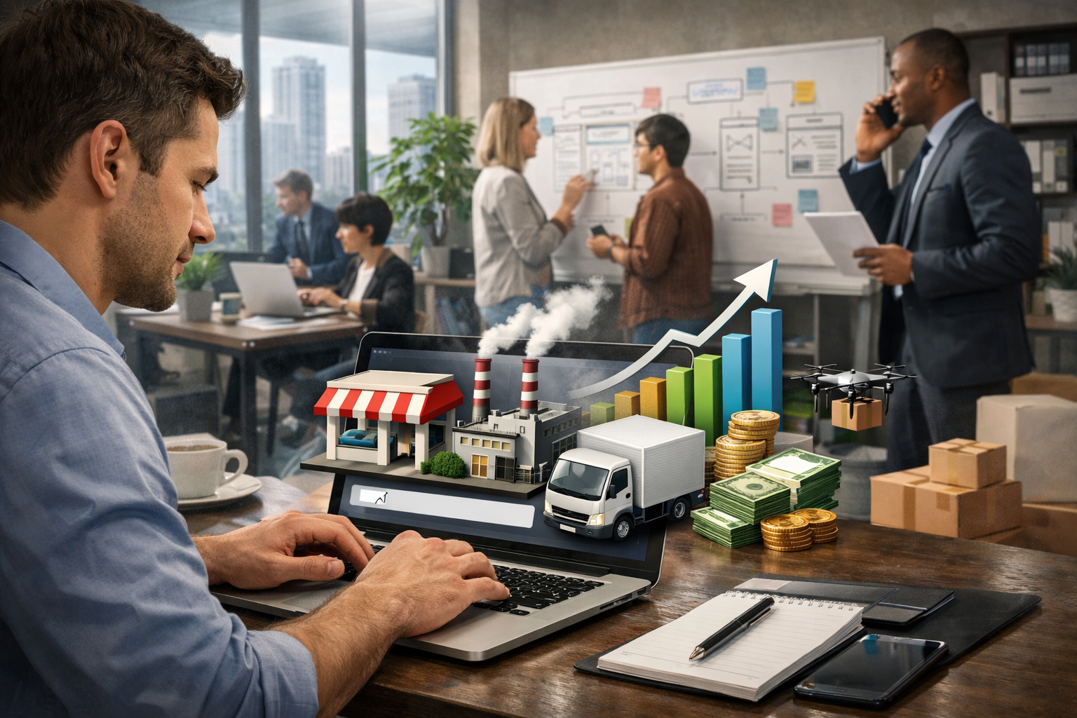 Editorial section illustration for "Фреймворк Text-to-Business: от текста к прибыли" in context of "Text-to-Business: как создать бизнес одной текстовой командой". Subject-focused composition, realistic business environment, crisp details, natural contrast, no text, no watermark, no logo, no empty background, 16:9.